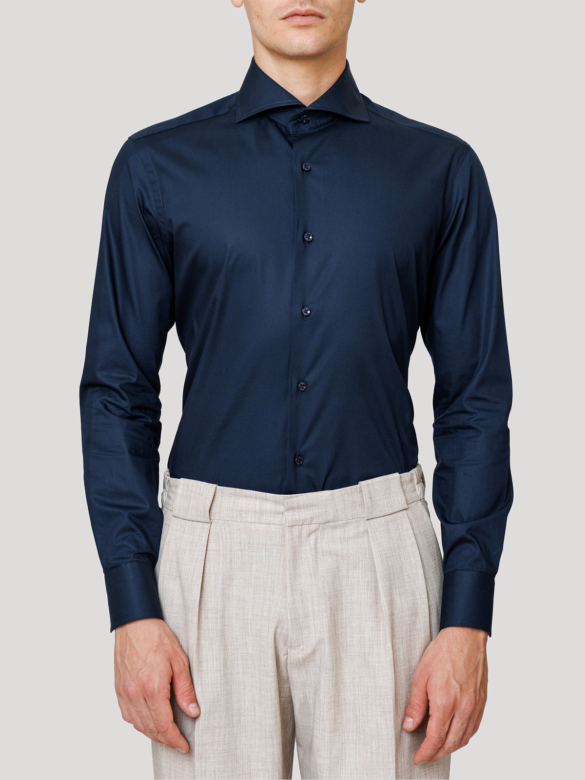 Camicia Slim Sartoriale Basic Blu Notte Collo Mezzo Francese Made In Italy