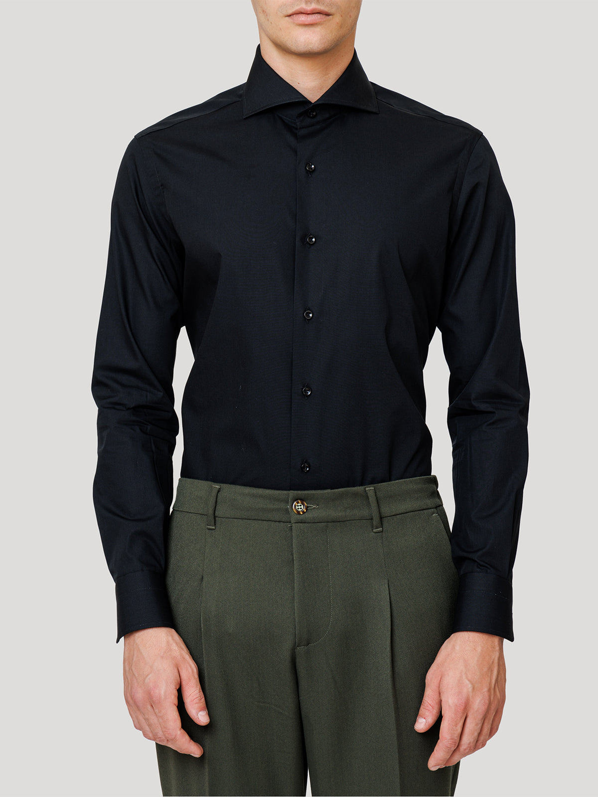 Camicia Slim Sartoriale Basic Nera Collo Mezzo Francese Made In Italy