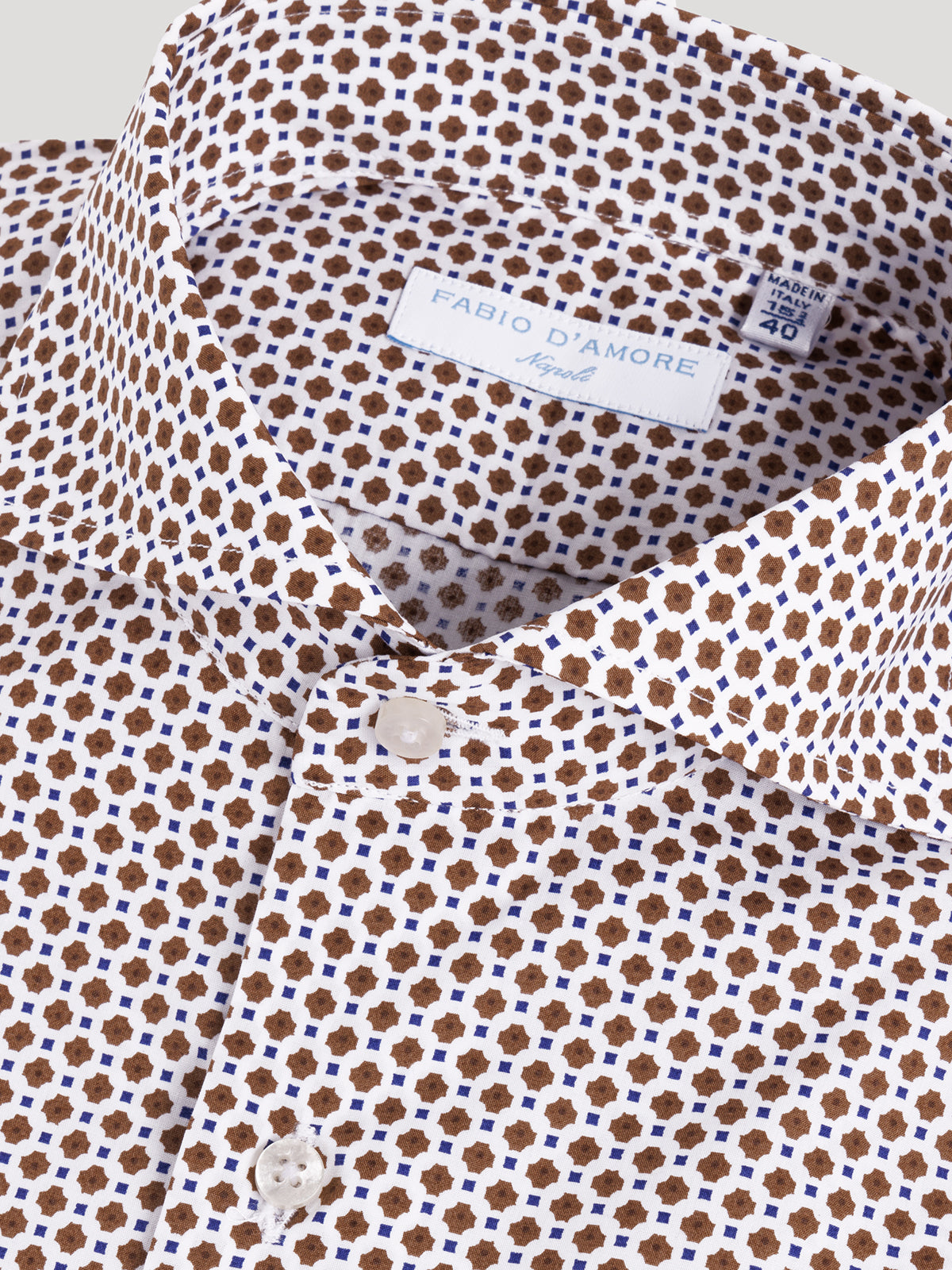 Camicia Slim Sartoriale Stampa Fondo Bianco Collo Soft Mezzo Francese Made In Italy