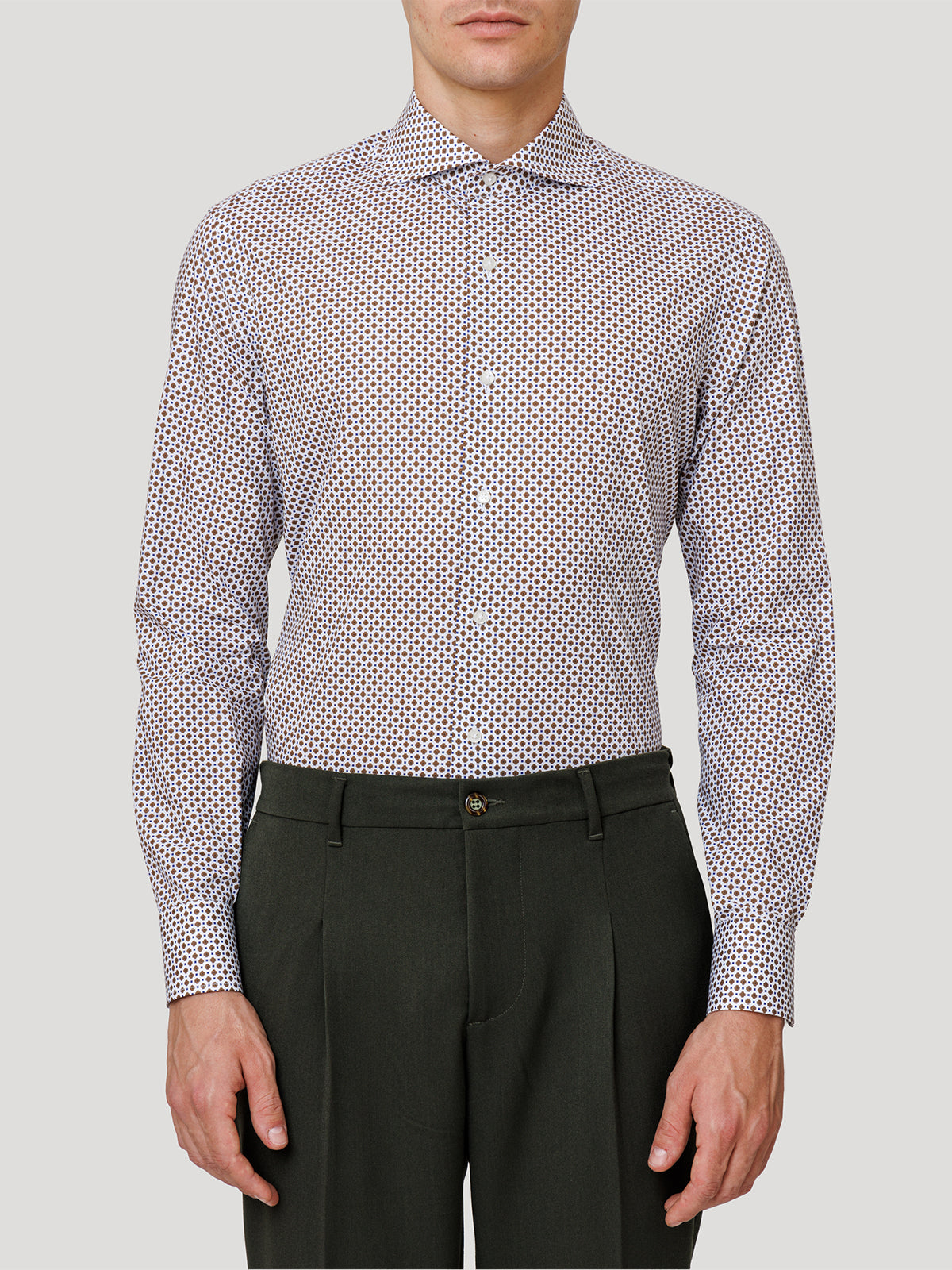 Camicia Slim Sartoriale Stampa Fondo Bianco Collo Soft Mezzo Francese Made In Italy