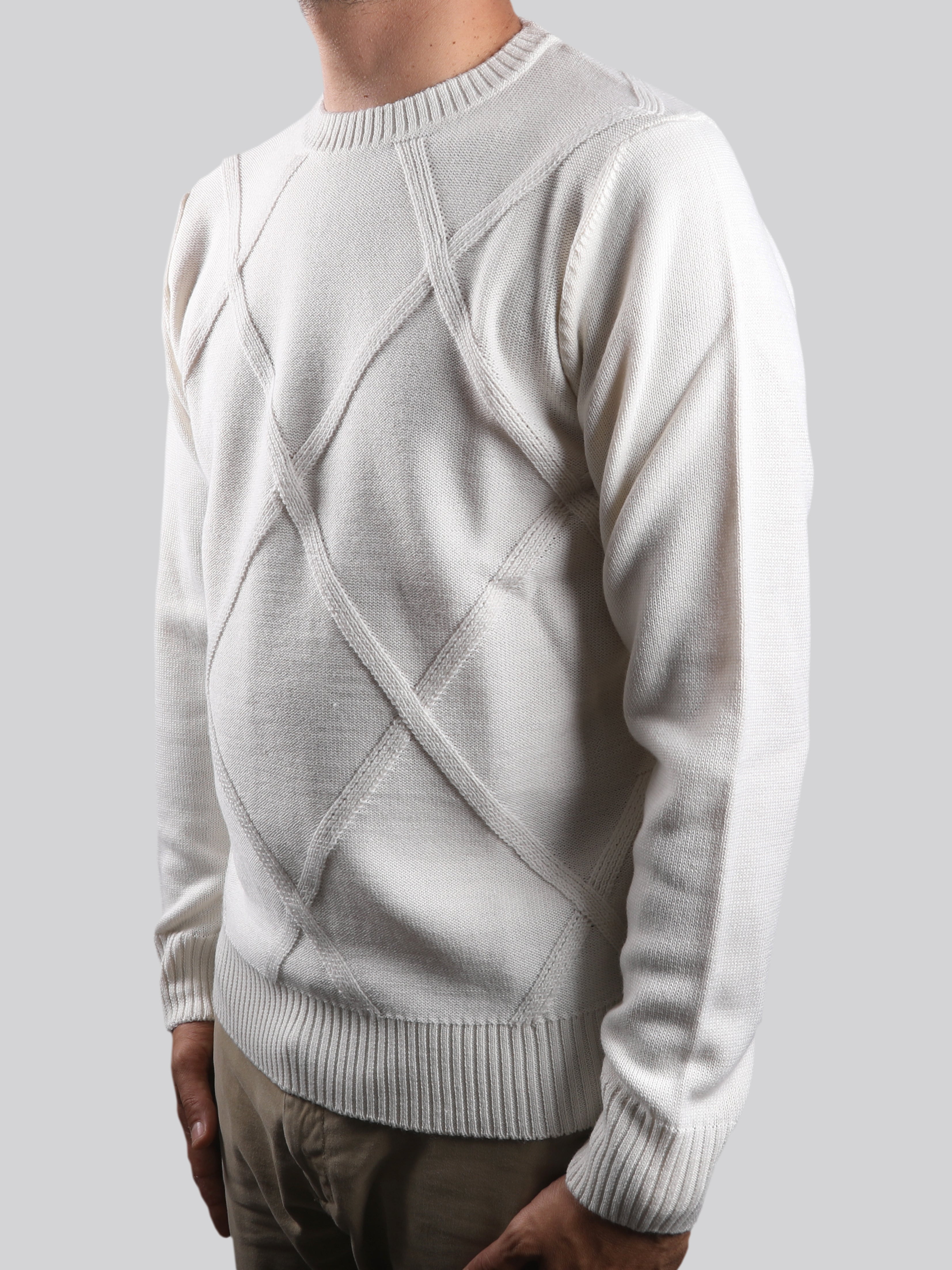 Maglione Girocollo Rombo Panna 100% Lana Made In Italy