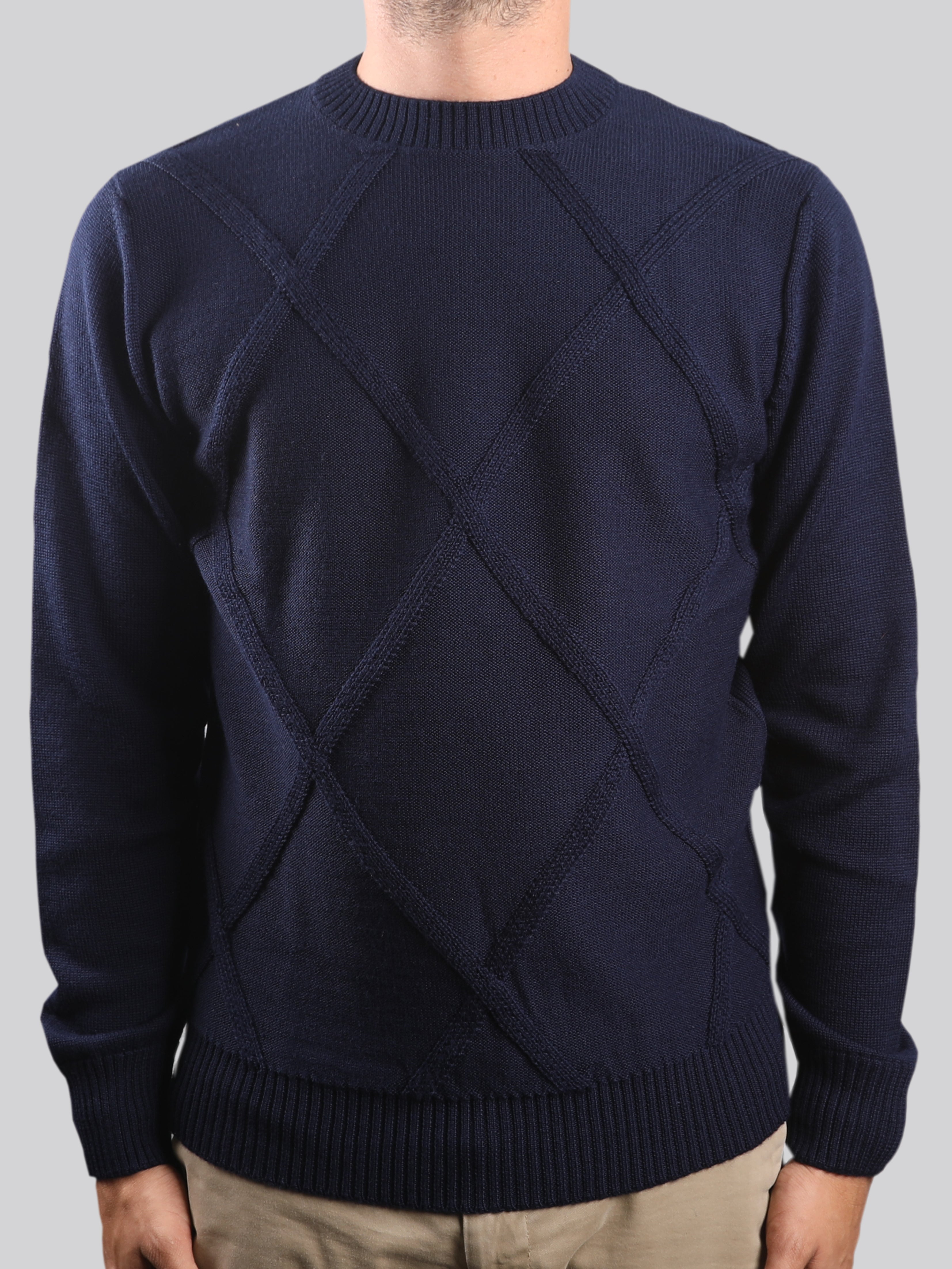 Maglieria Girocollo Rombo Blu Notte 100% Lana Made In Italy