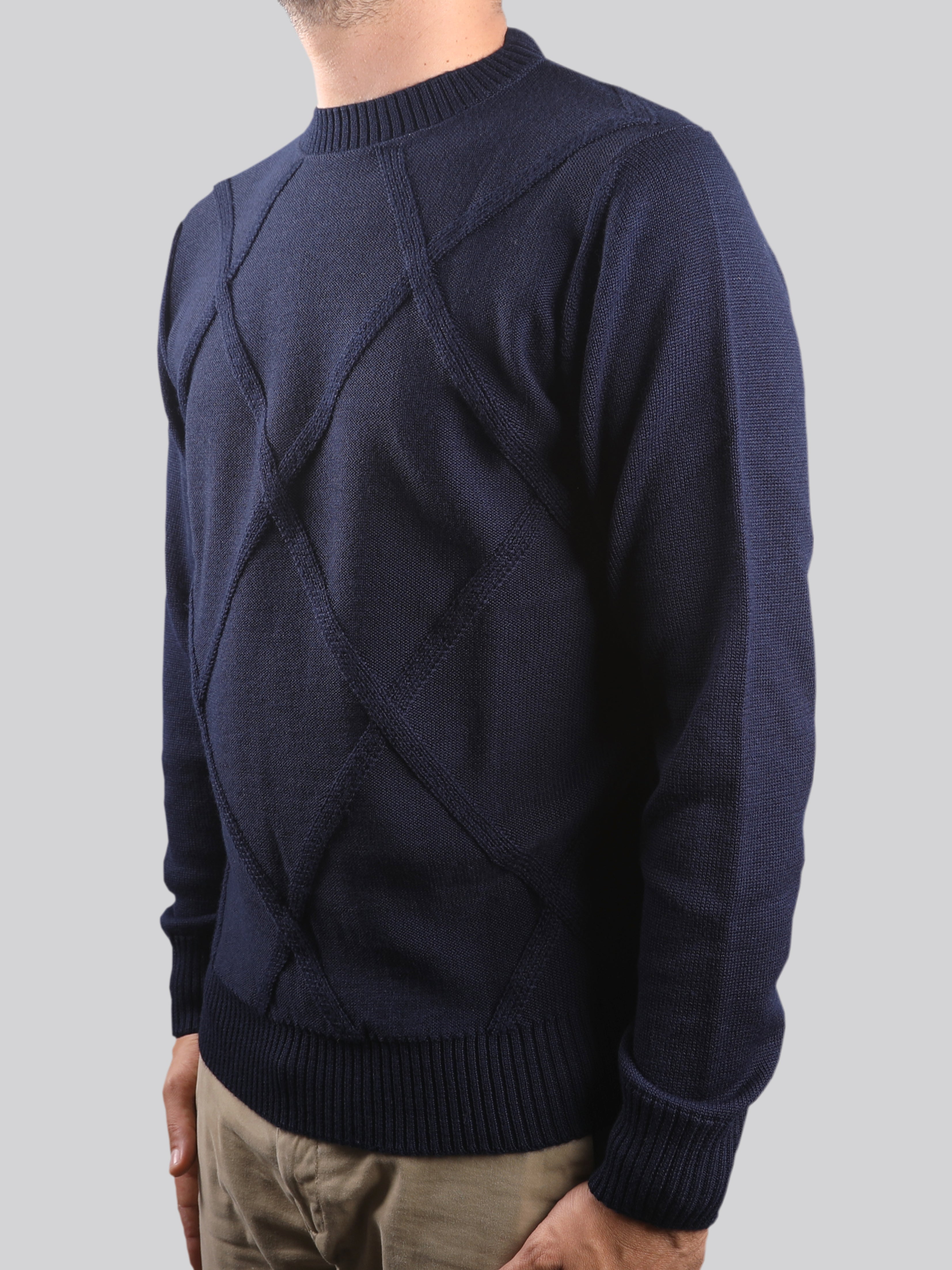 Maglieria Girocollo Rombo Blu Notte 100% Lana Made In Italy