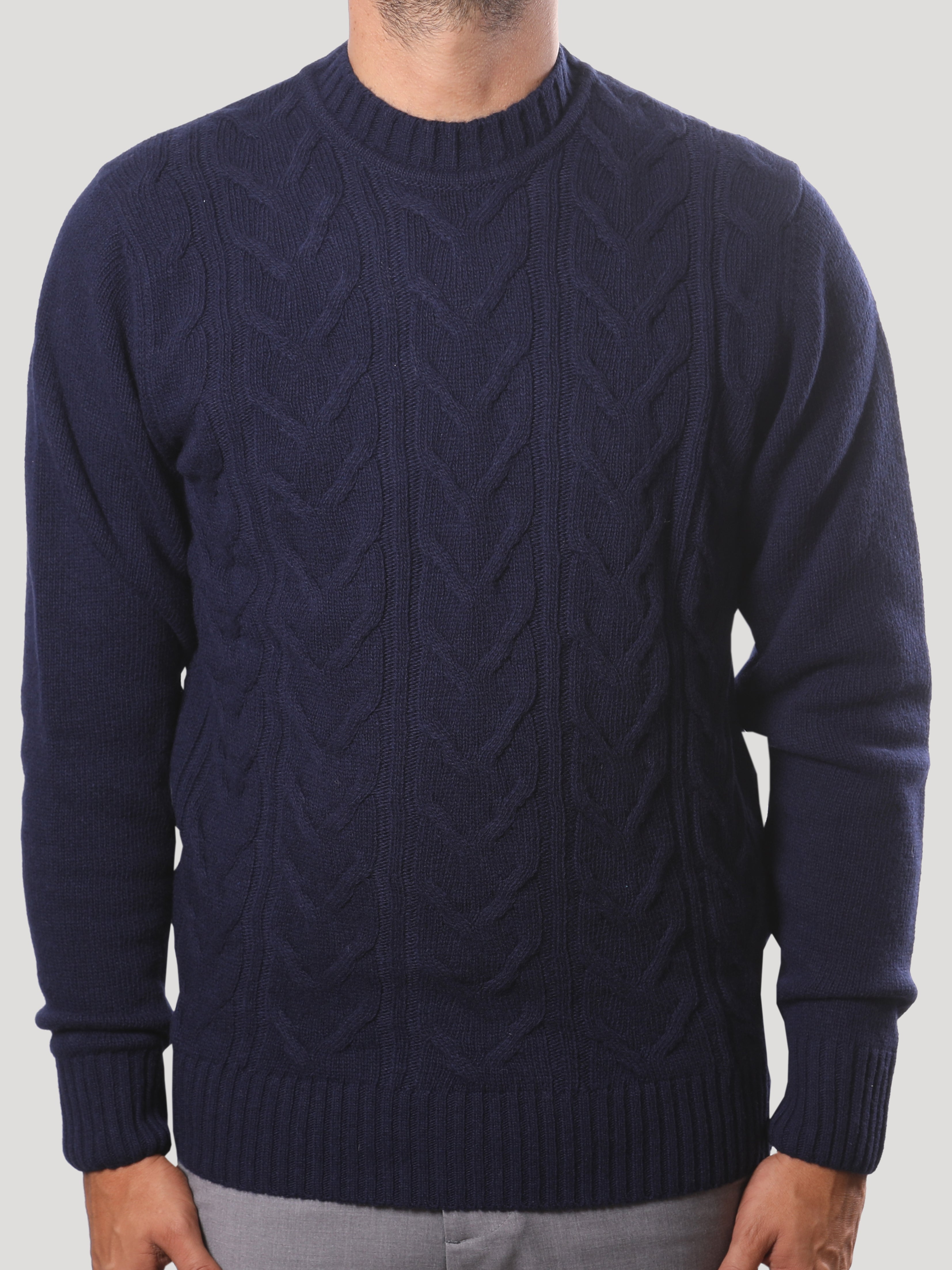 Maglione Girocollo Treccia 100% Lana Made in Italy Blu