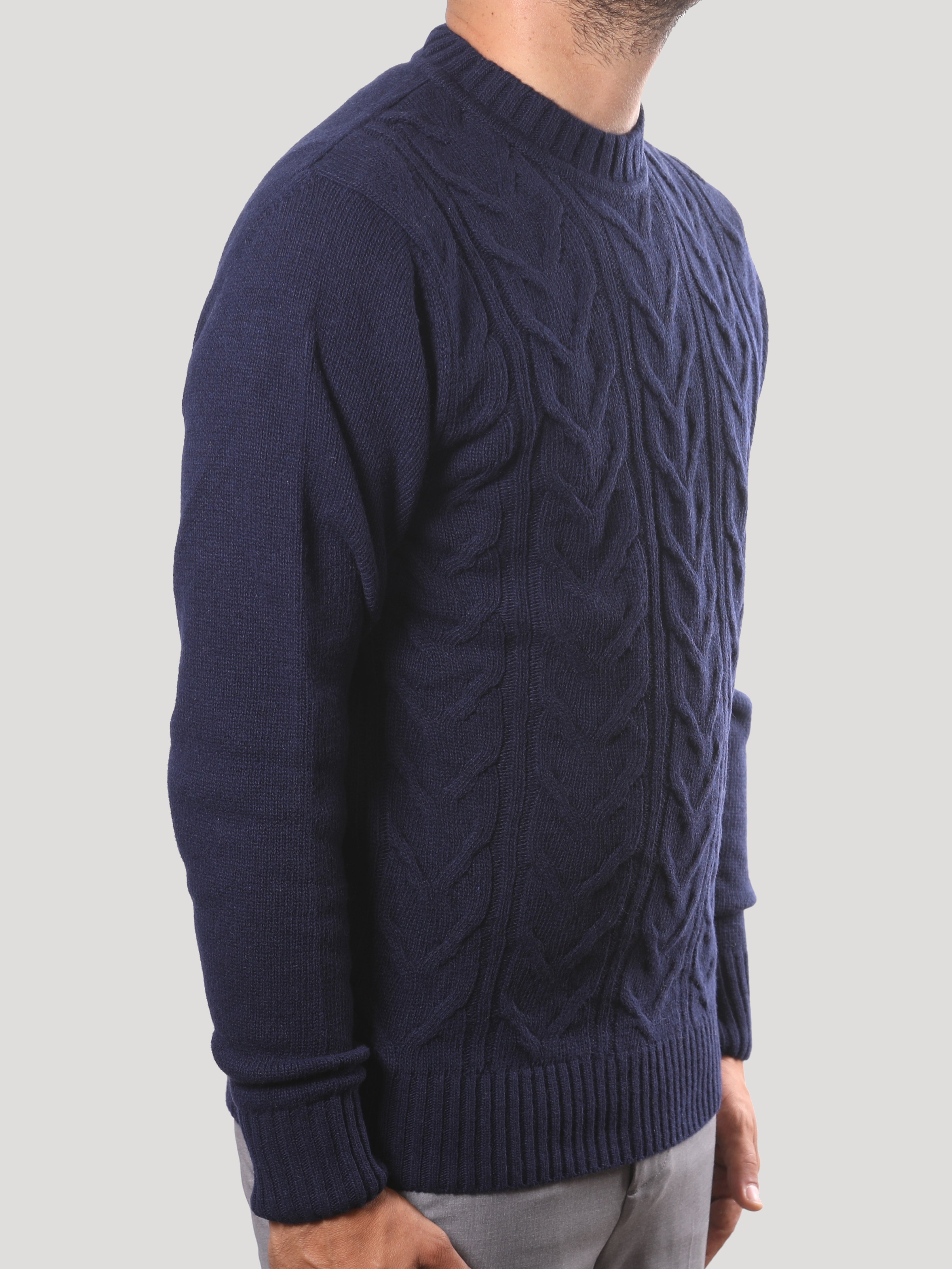 Maglione Girocollo Treccia 100% Lana Made in Italy Blu
