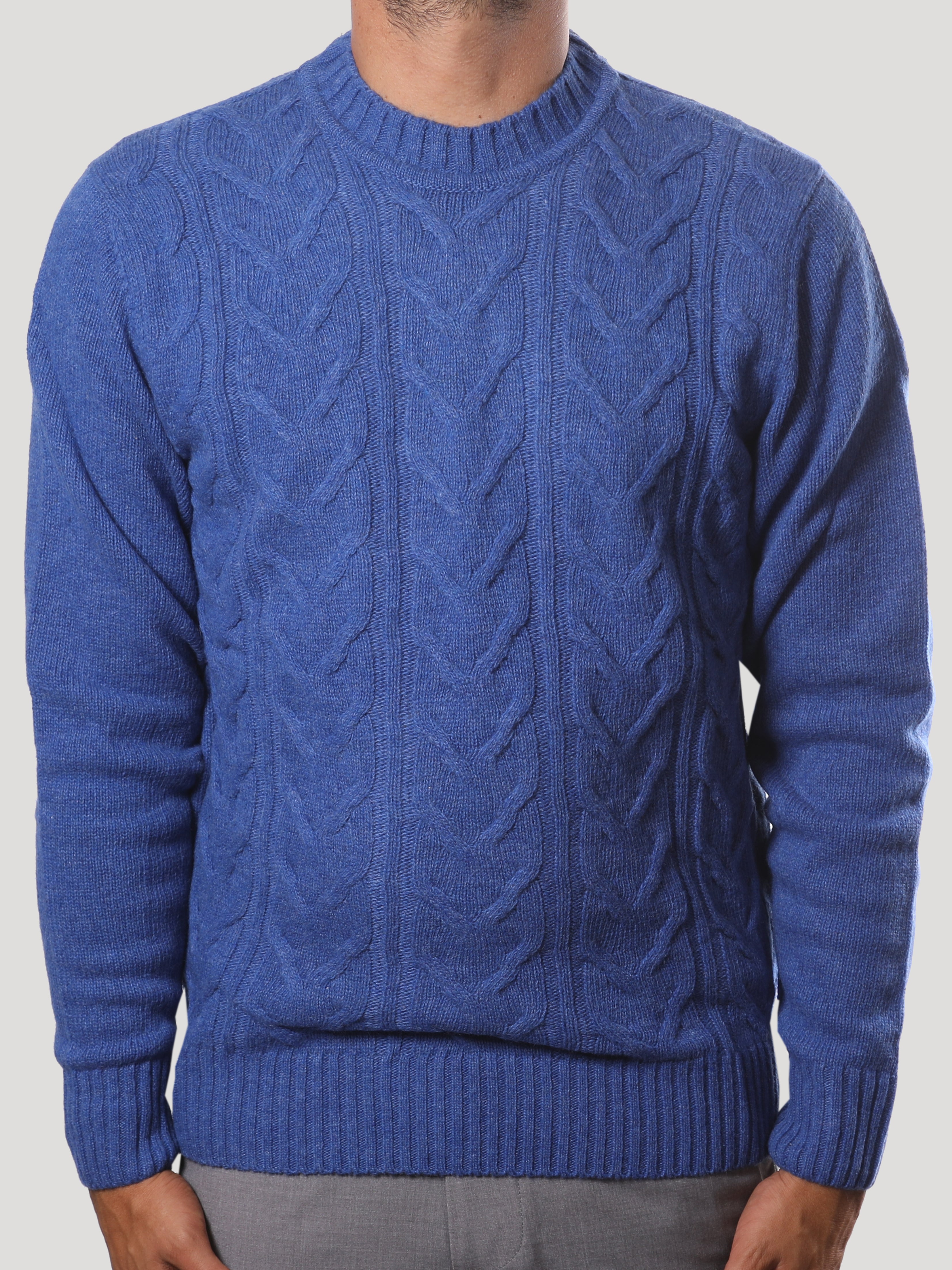 Maglione Girocollo Treccia 100% Lana Made in Italy Bluette