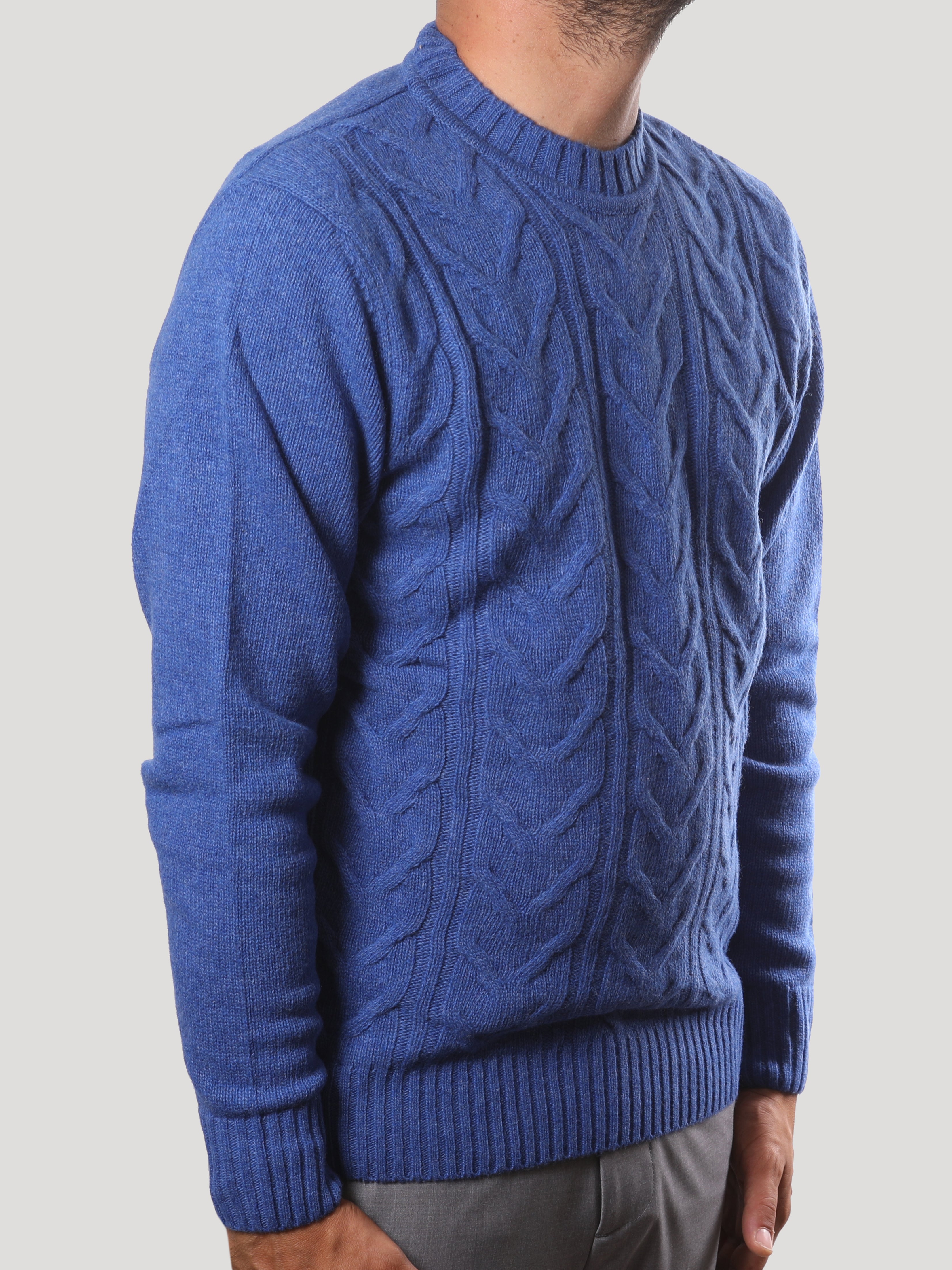 Maglione Girocollo Treccia 100% Lana Made in Italy Bluette