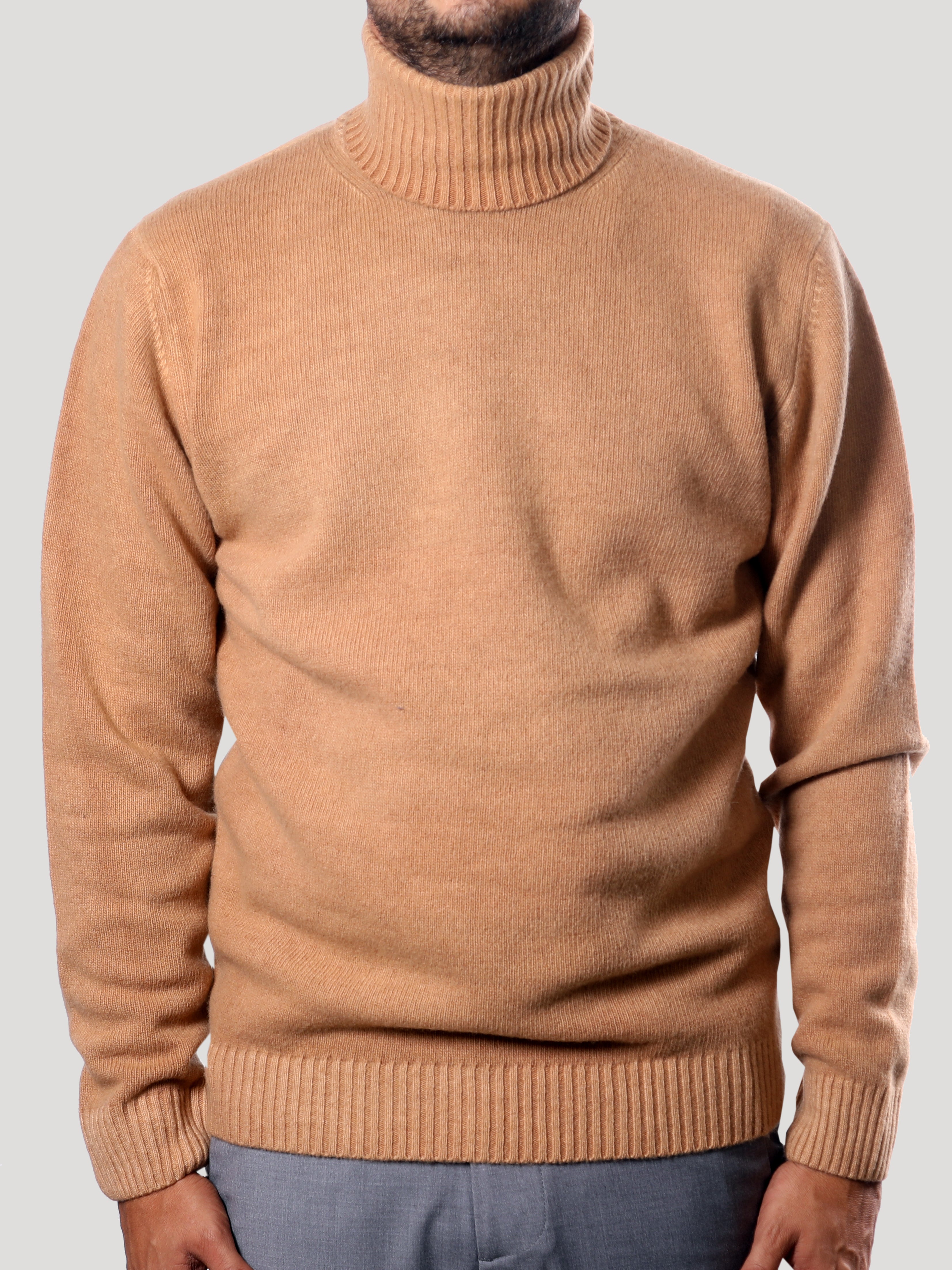 Maglione Collo Alto 100% Lana Made in Italy Cammello