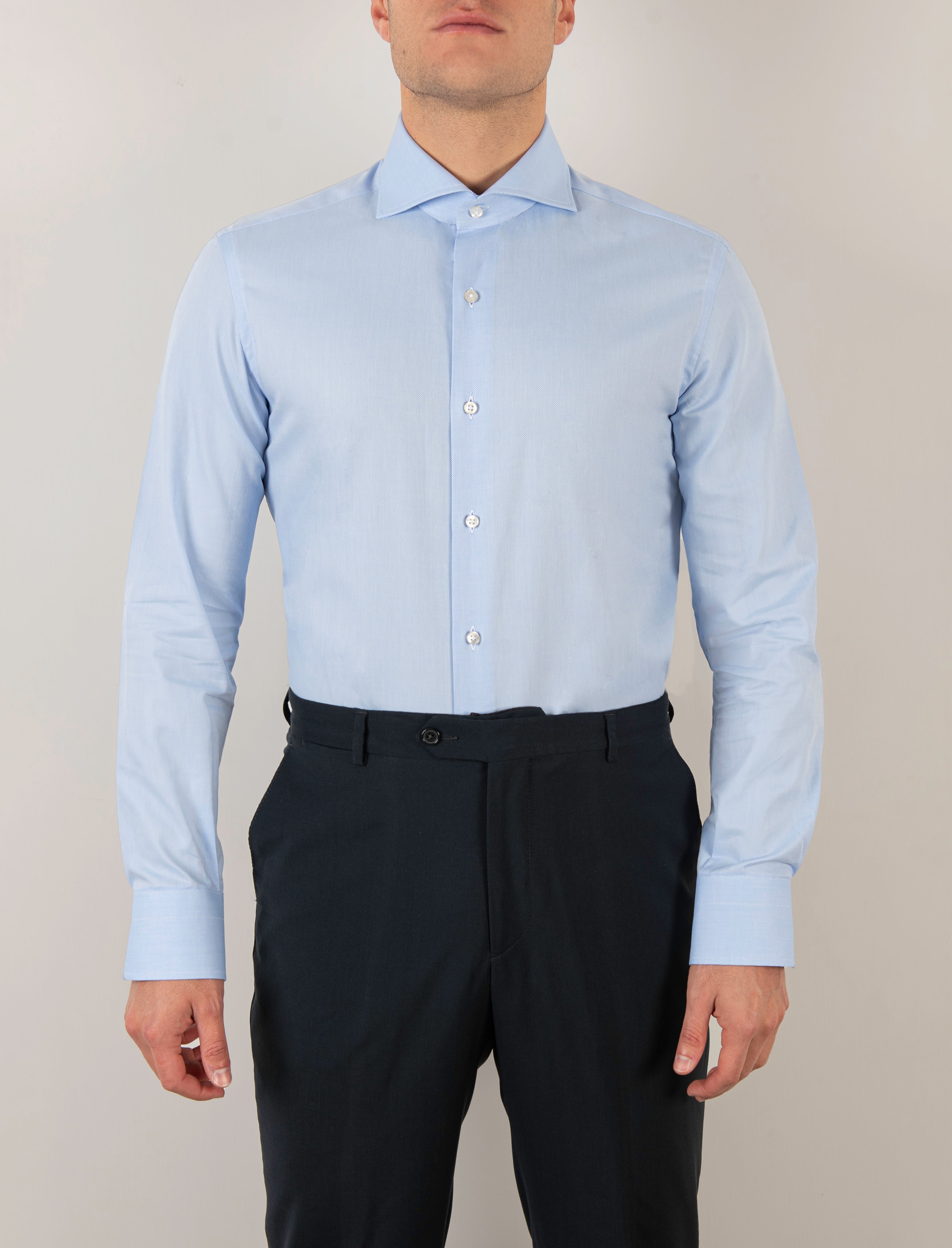 Camicia Slim Sartoriale Royal Oxford Azzurro Collo Mezzo Francese Made In Italy