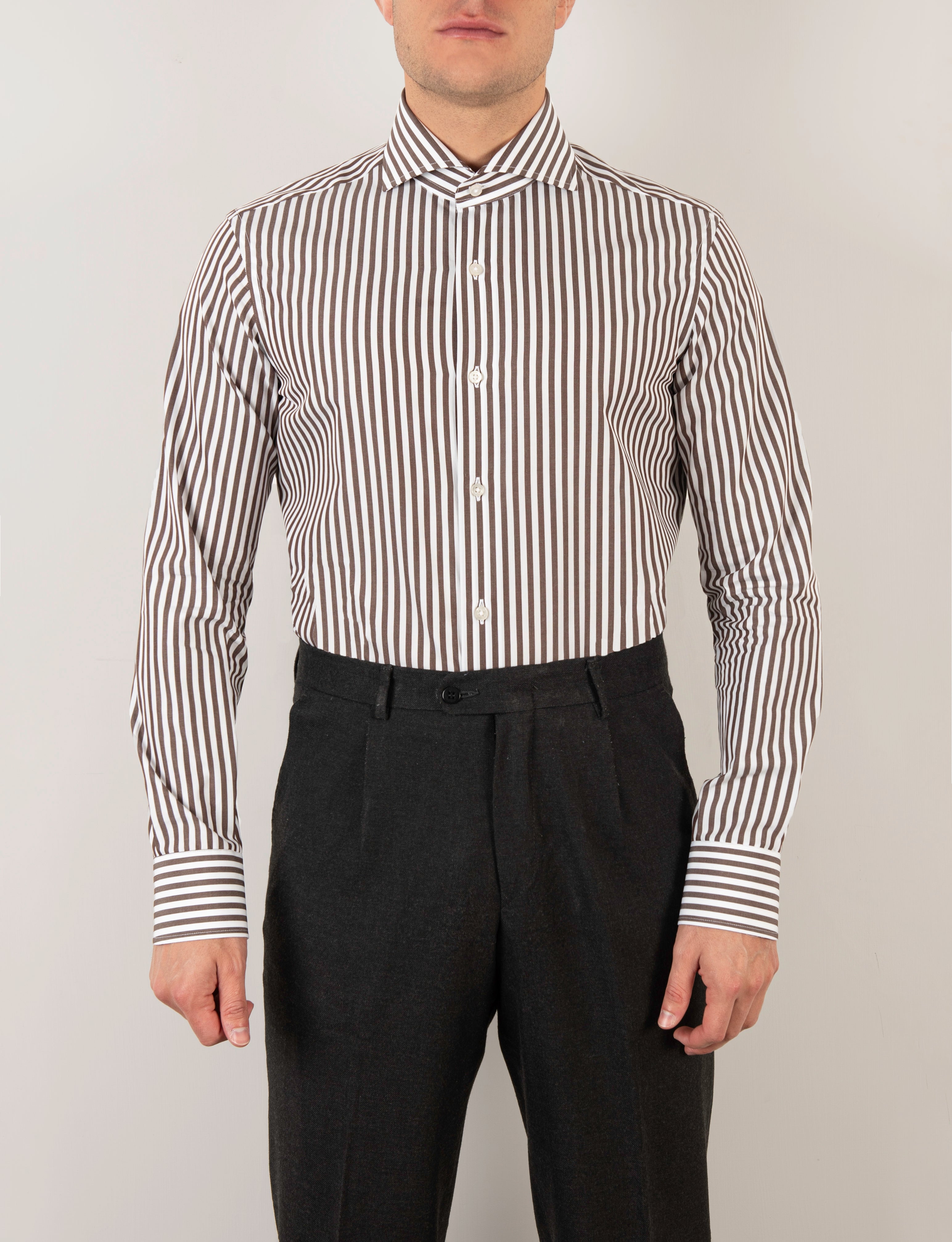 Camicia Rigata Marrone Slim Fit Collo Mezzo Francese