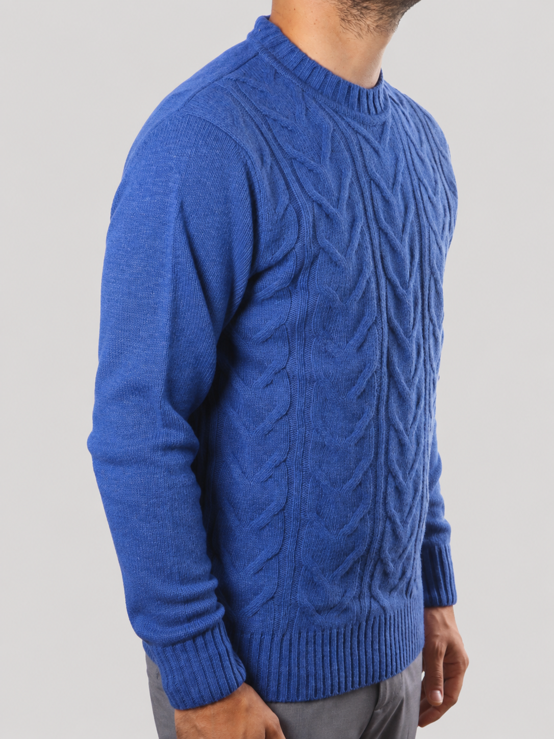 Maglione Girocollo Treccia in Lana, 100% Made in Italy Bluette