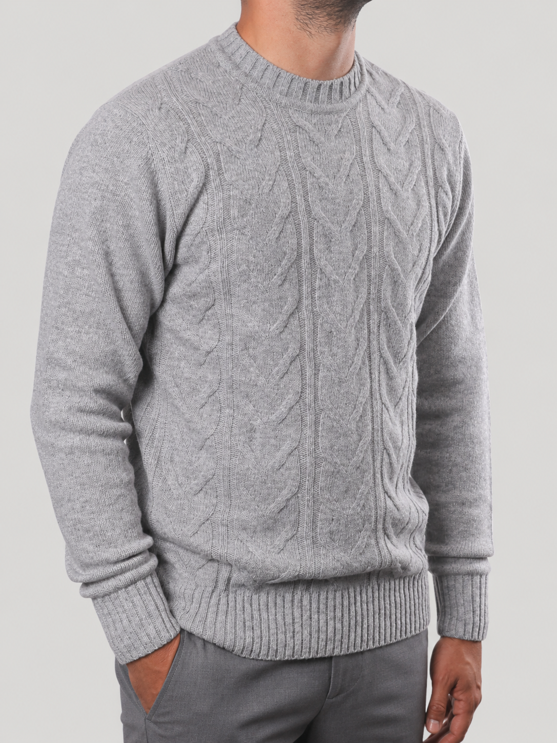 Maglione Girocollo Treccia in Lana, 100% Made in Italy Grigio