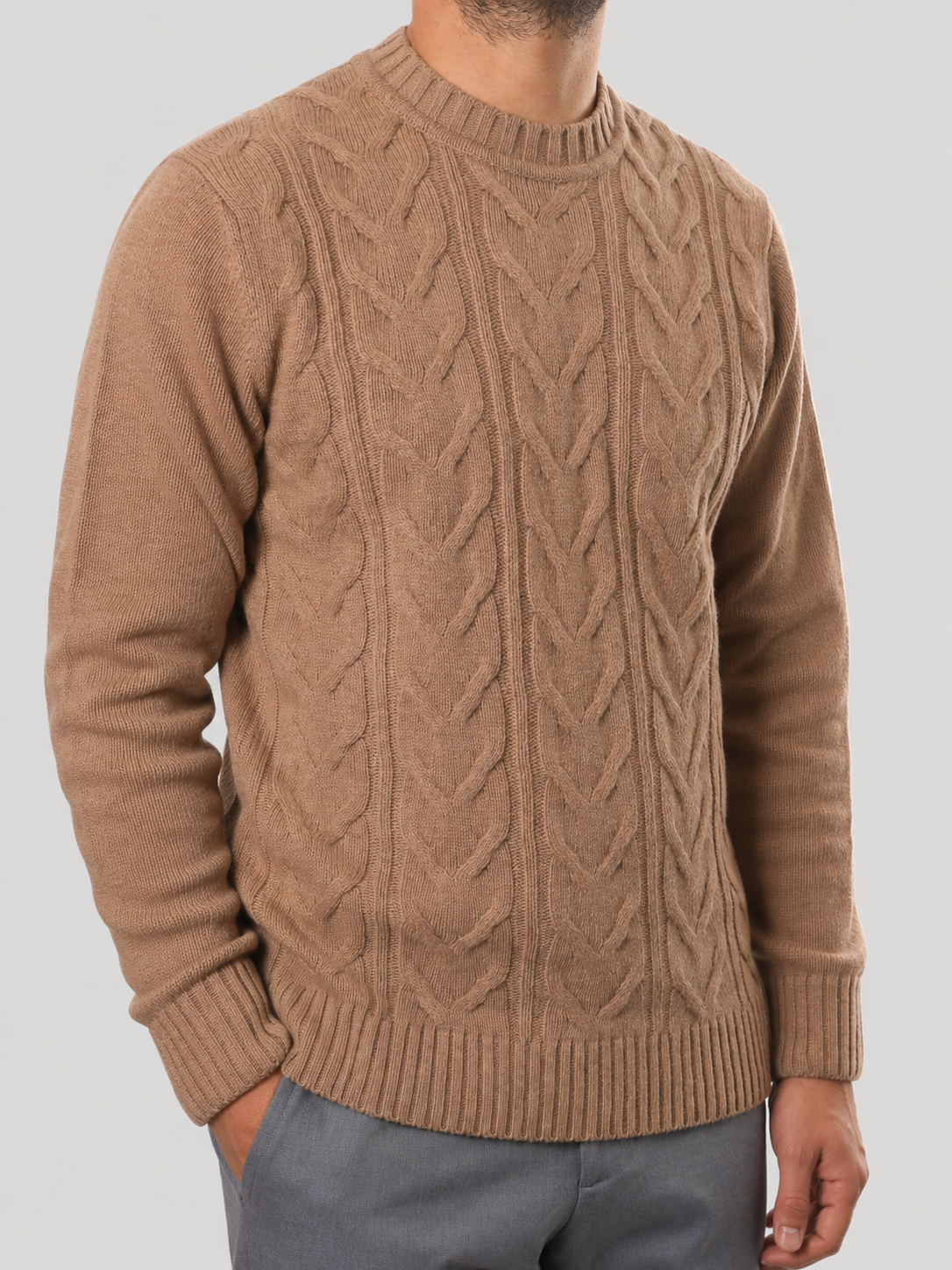 Maglione Girocollo Treccia in Lana, 100% Made in Italy Nocciola