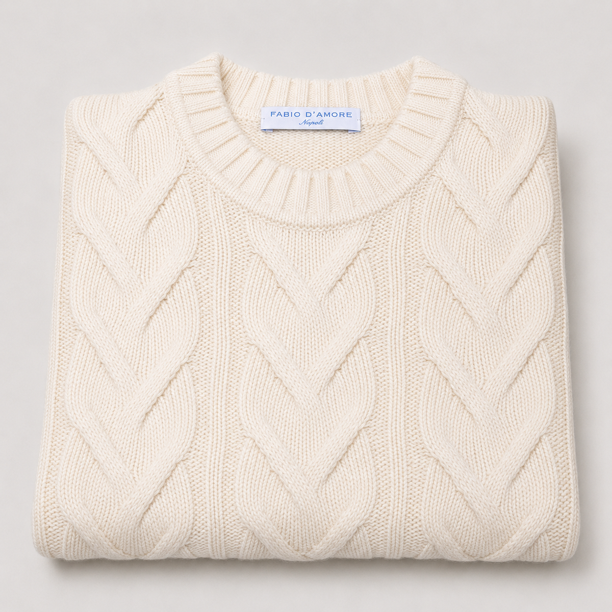Maglione Girocollo Treccia in Lana, 100% Made in Italy Panna