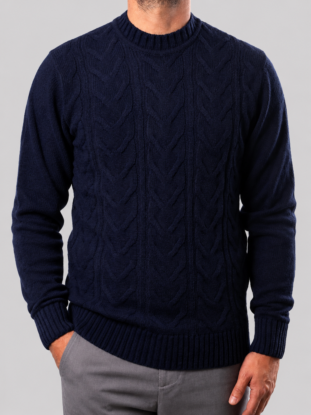 Maglione Girocollo Treccia in Lana, 100% Made in Italy Blu