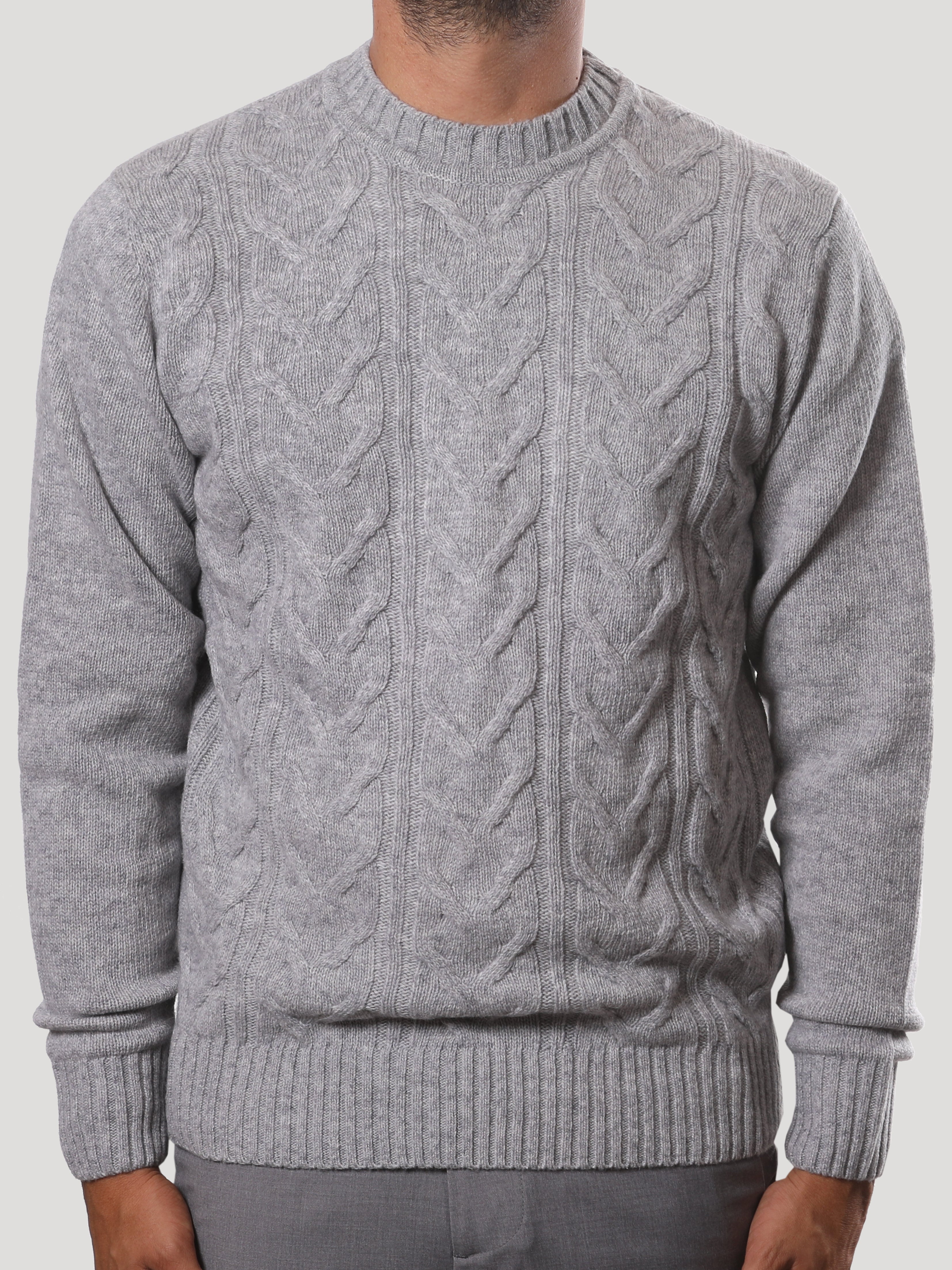 Maglione Girocollo Treccia 100% Lana Made in Italy Grigio
