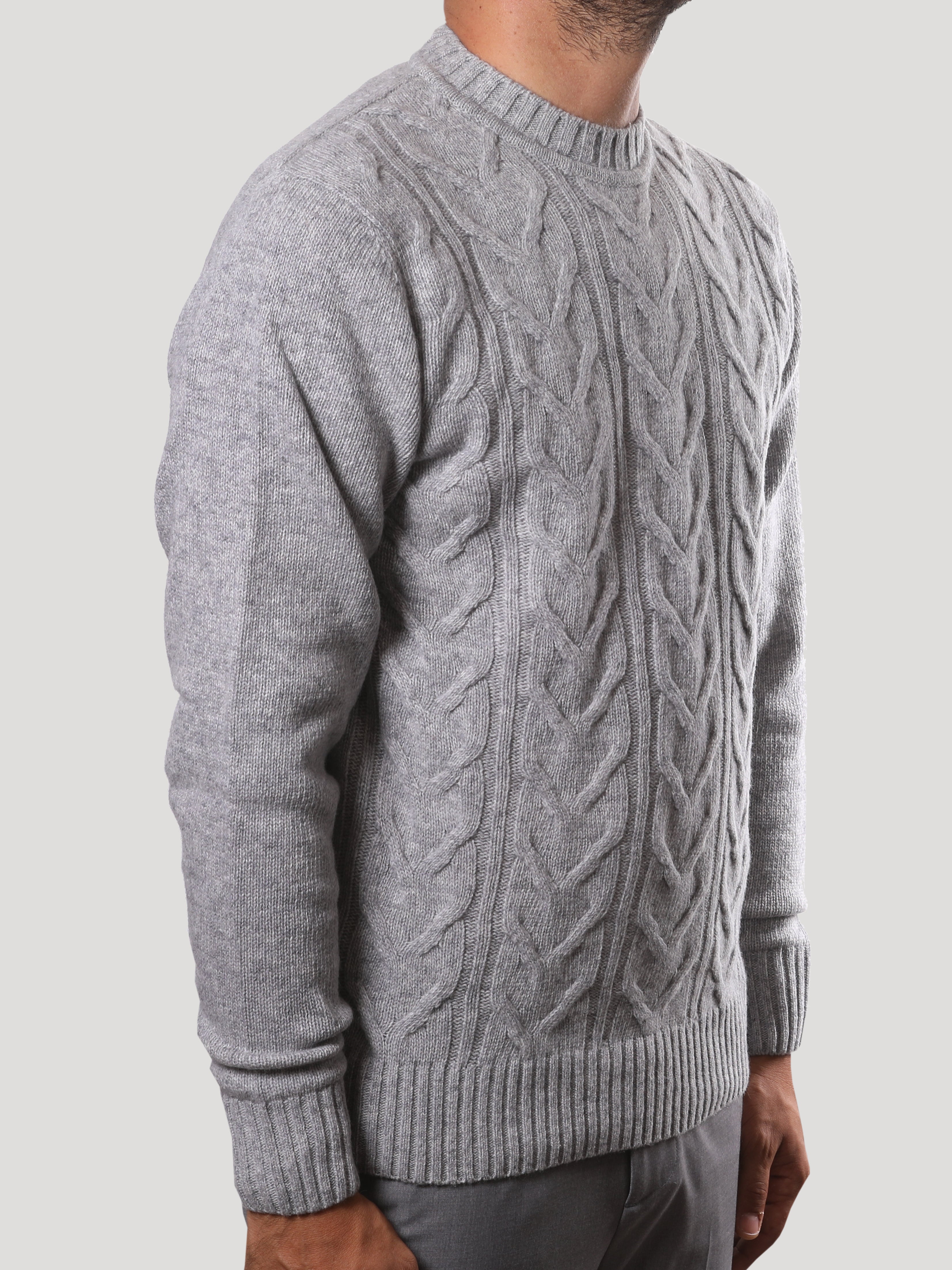 Maglione Girocollo Treccia 100% Lana Made in Italy Grigio