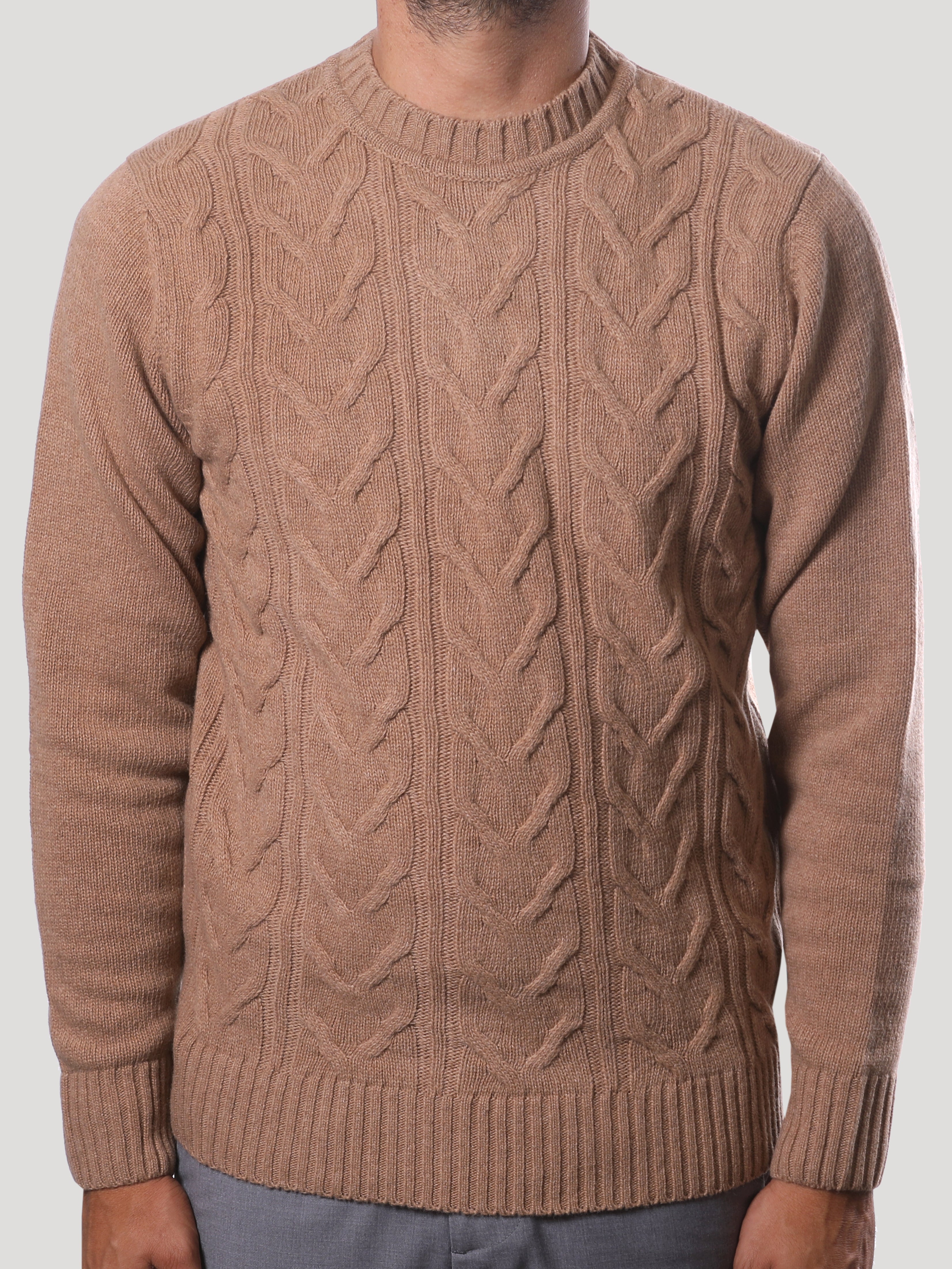 Maglione Girocollo Treccia 100% Lana Made in Italy Nocciola