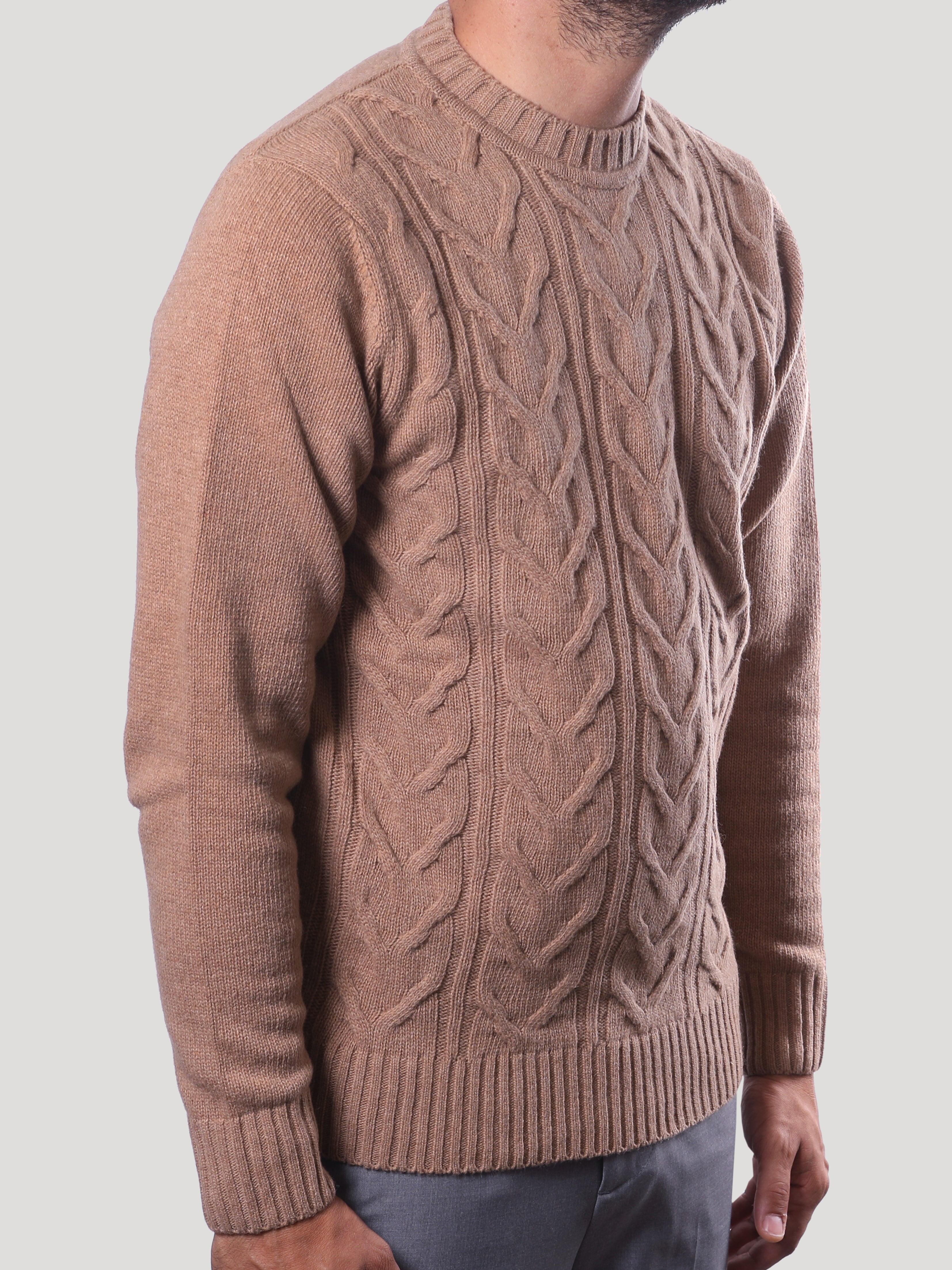 Maglione Girocollo Treccia 100% Lana Made in Italy Nocciola