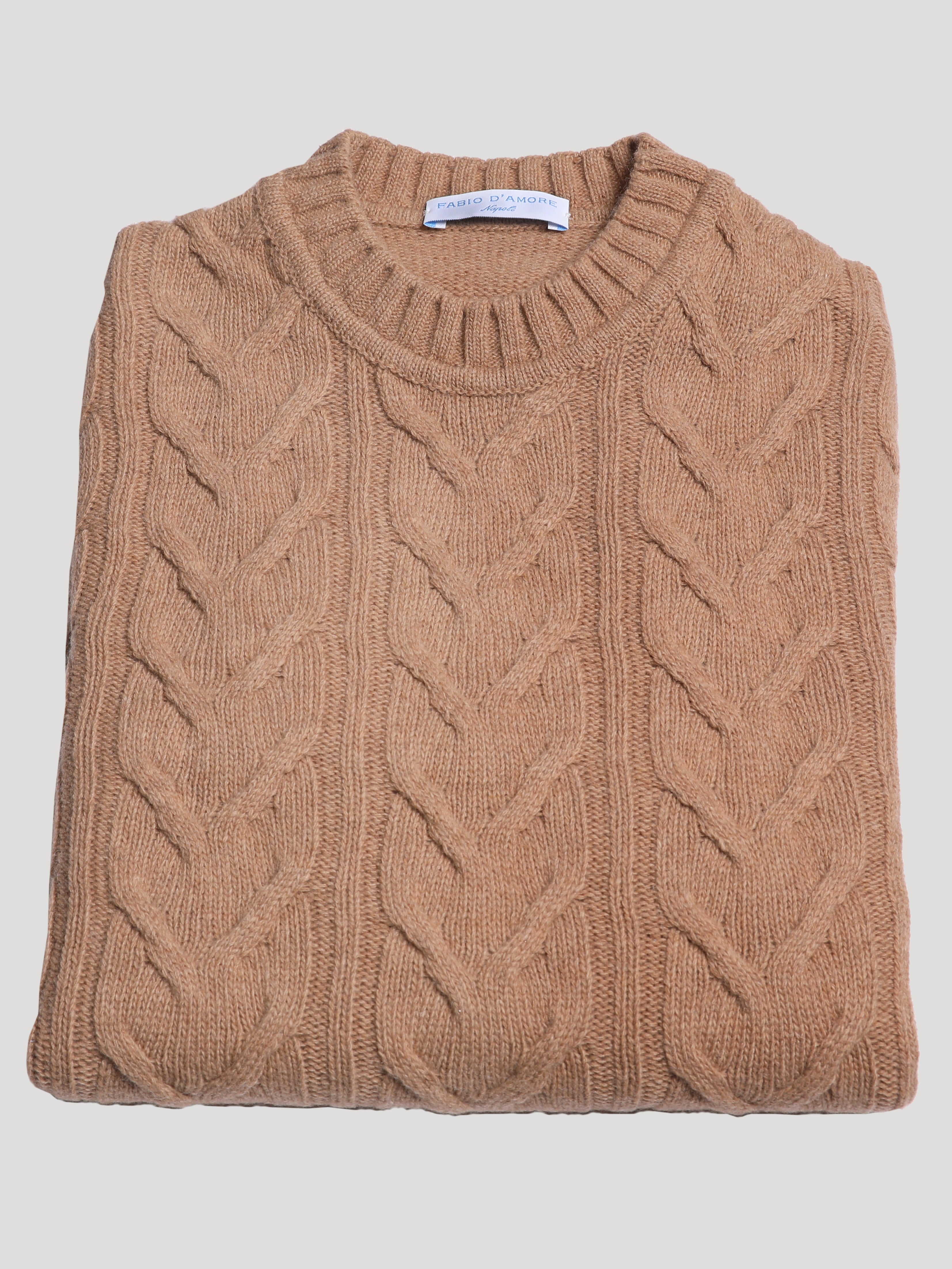 Maglione Girocollo Treccia 100% Lana Made in Italy Nocciola