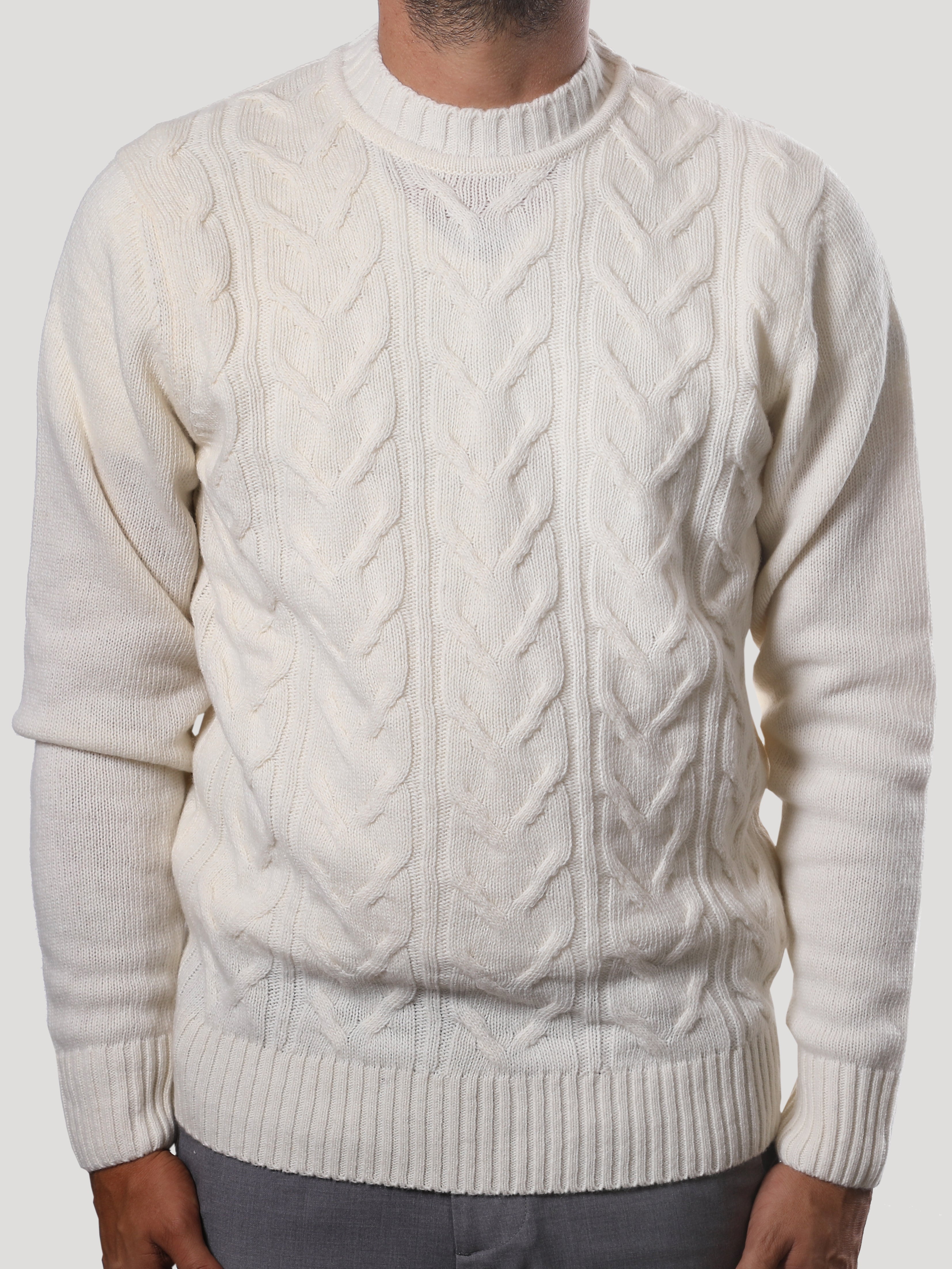 Maglione Girocollo Treccia 100% Lana Made in Italy Panna
