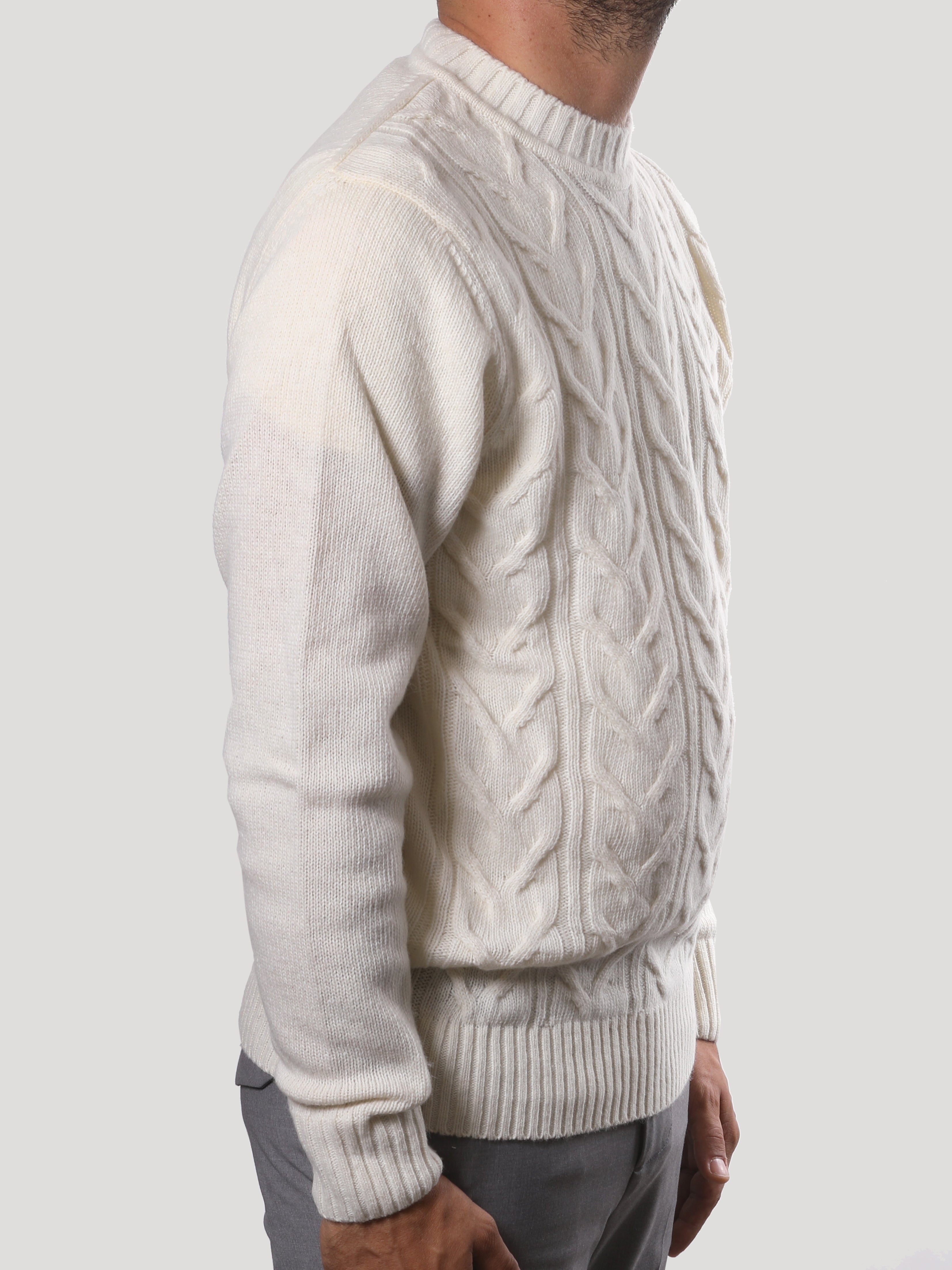 Maglione Girocollo Treccia 100% Lana Made in Italy Panna
