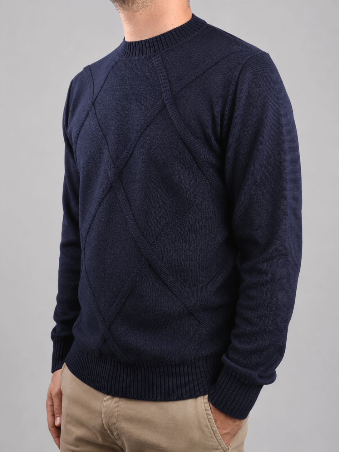 Maglieria Girocollo Rombo Blu Notte in Lana, 100% Made In Italy