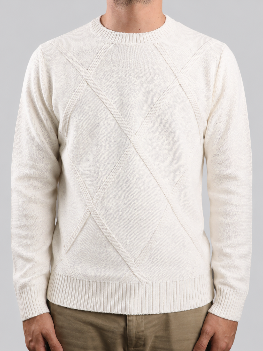 Maglione Girocollo Rombo Panna in Lana, 100% Made In Italy