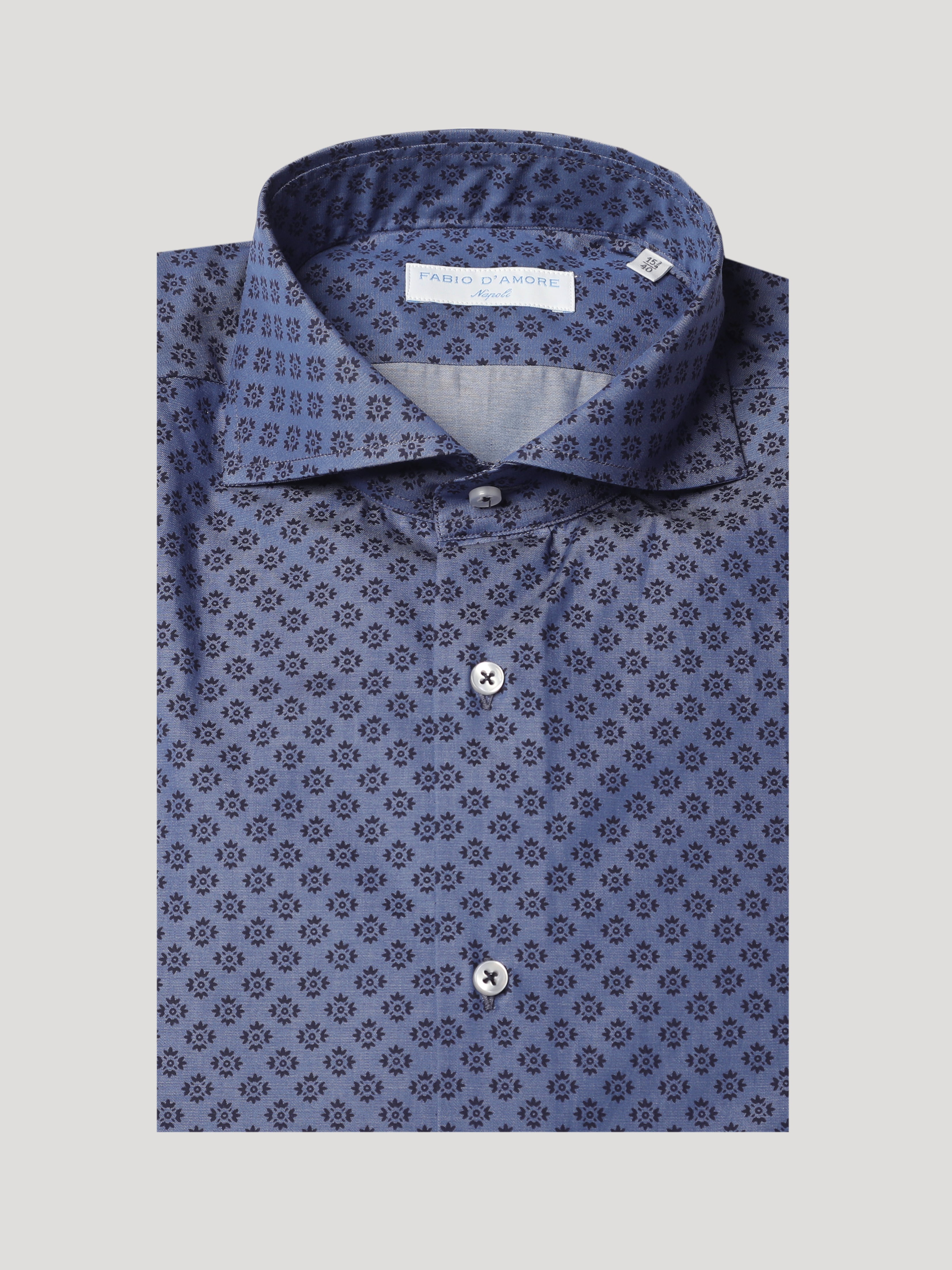 Camicia Slim Sartoriale Collo Mezzo Francese Soft Denim Stampa Flower