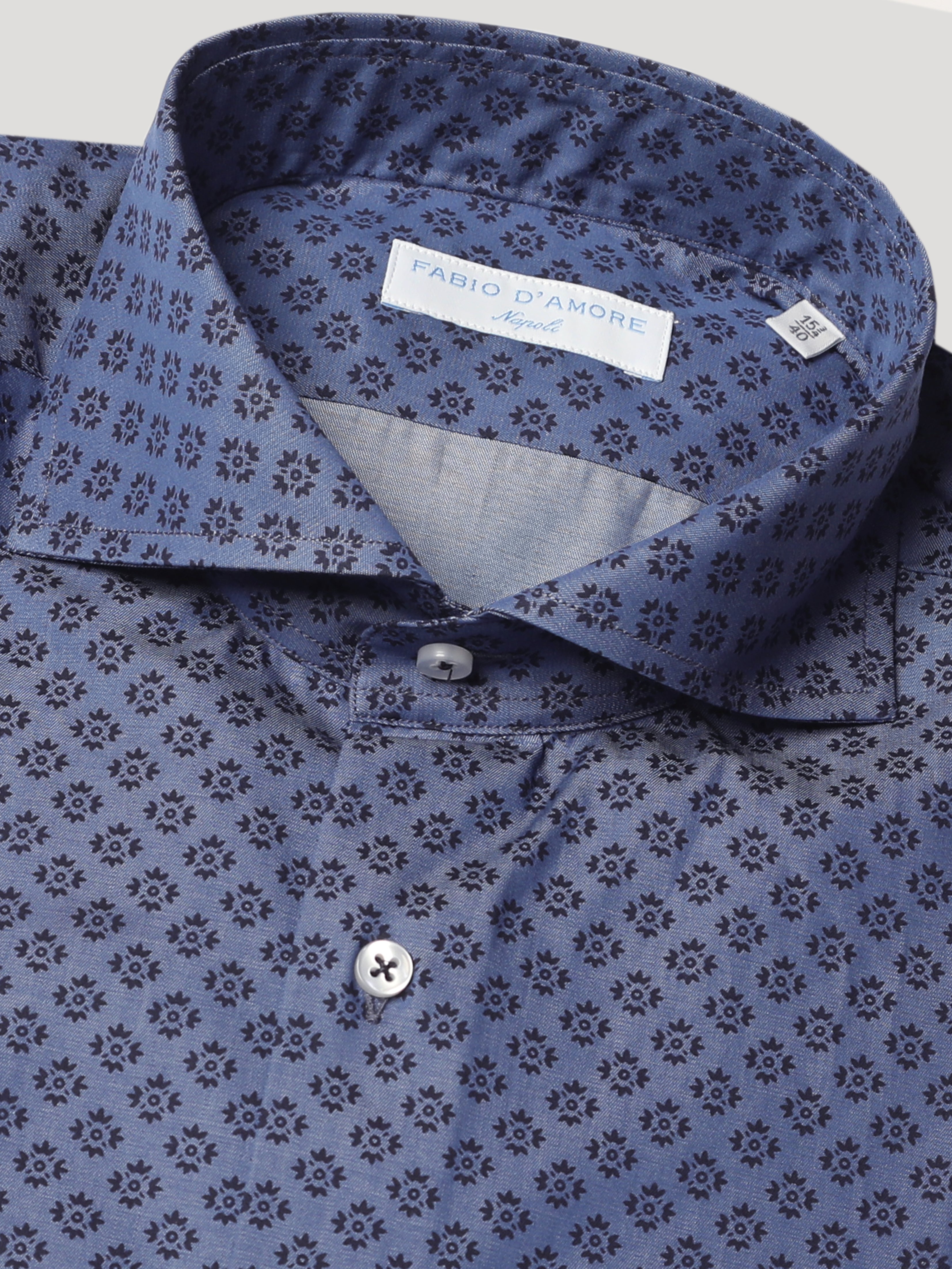 Camicia Slim Sartoriale Collo Mezzo Francese Soft Denim Stampa Flower
