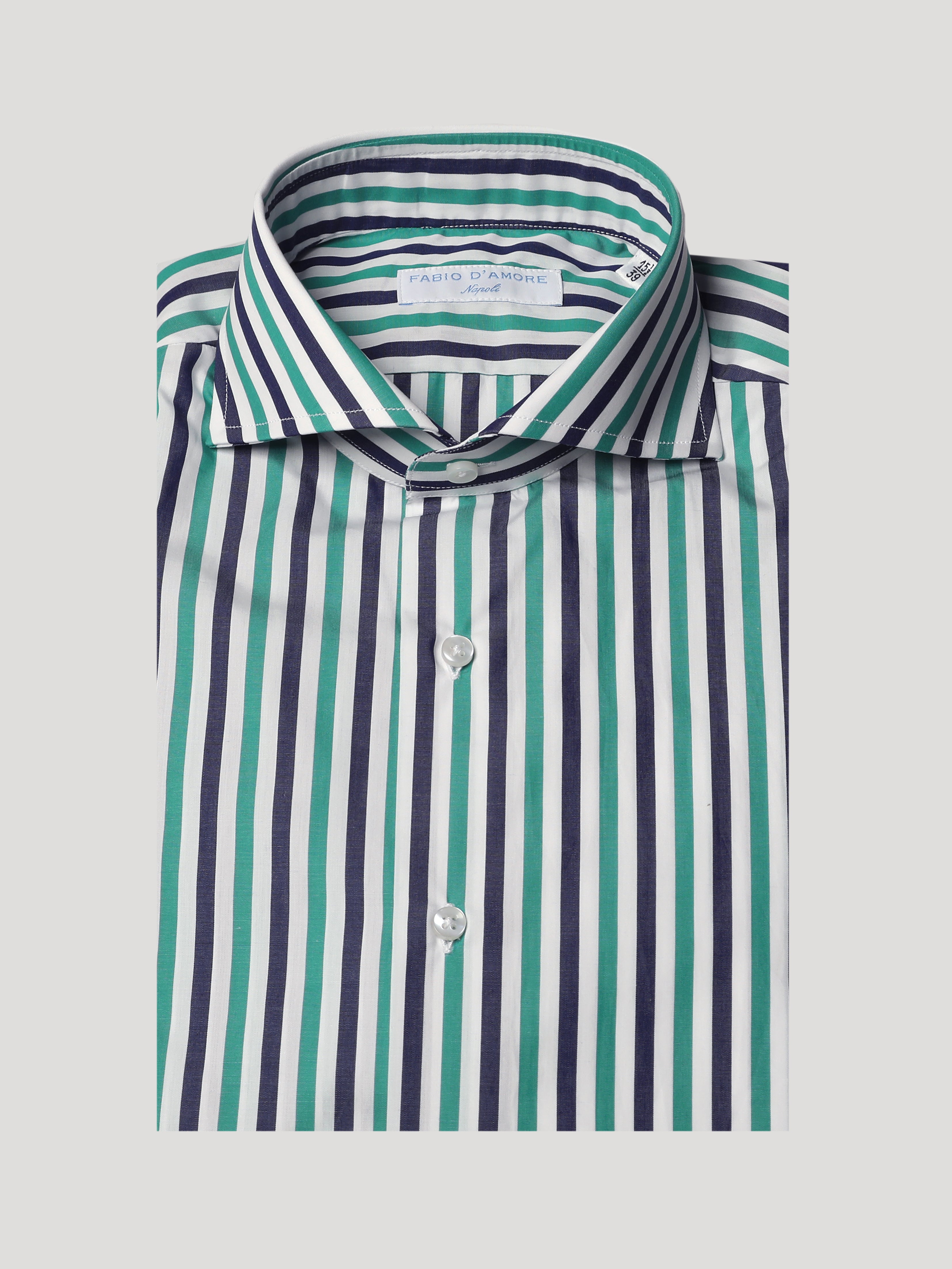 Camicia Slim Sartoriale Collo Mezzo Francese Costa Rigato Verde Blu Made In Italy