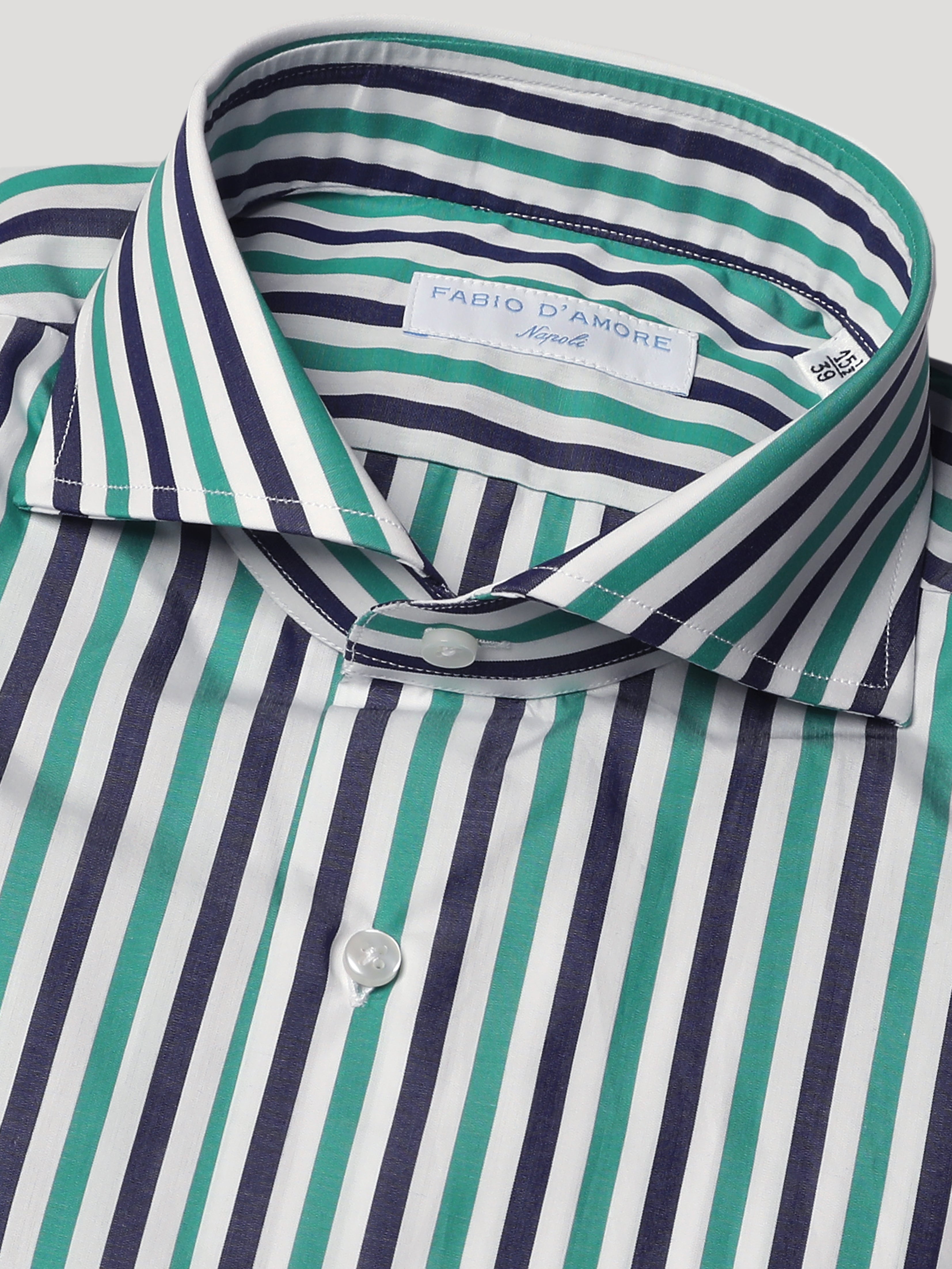Camicia Slim Sartoriale Collo Mezzo Francese Costa Rigato Verde Blu Made In Italy