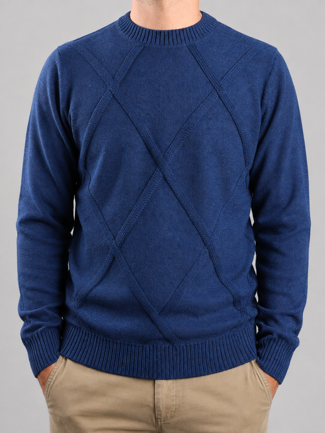 Maglione Girocollo Rombo Blu Navy in Lana, 100% Made In Italy