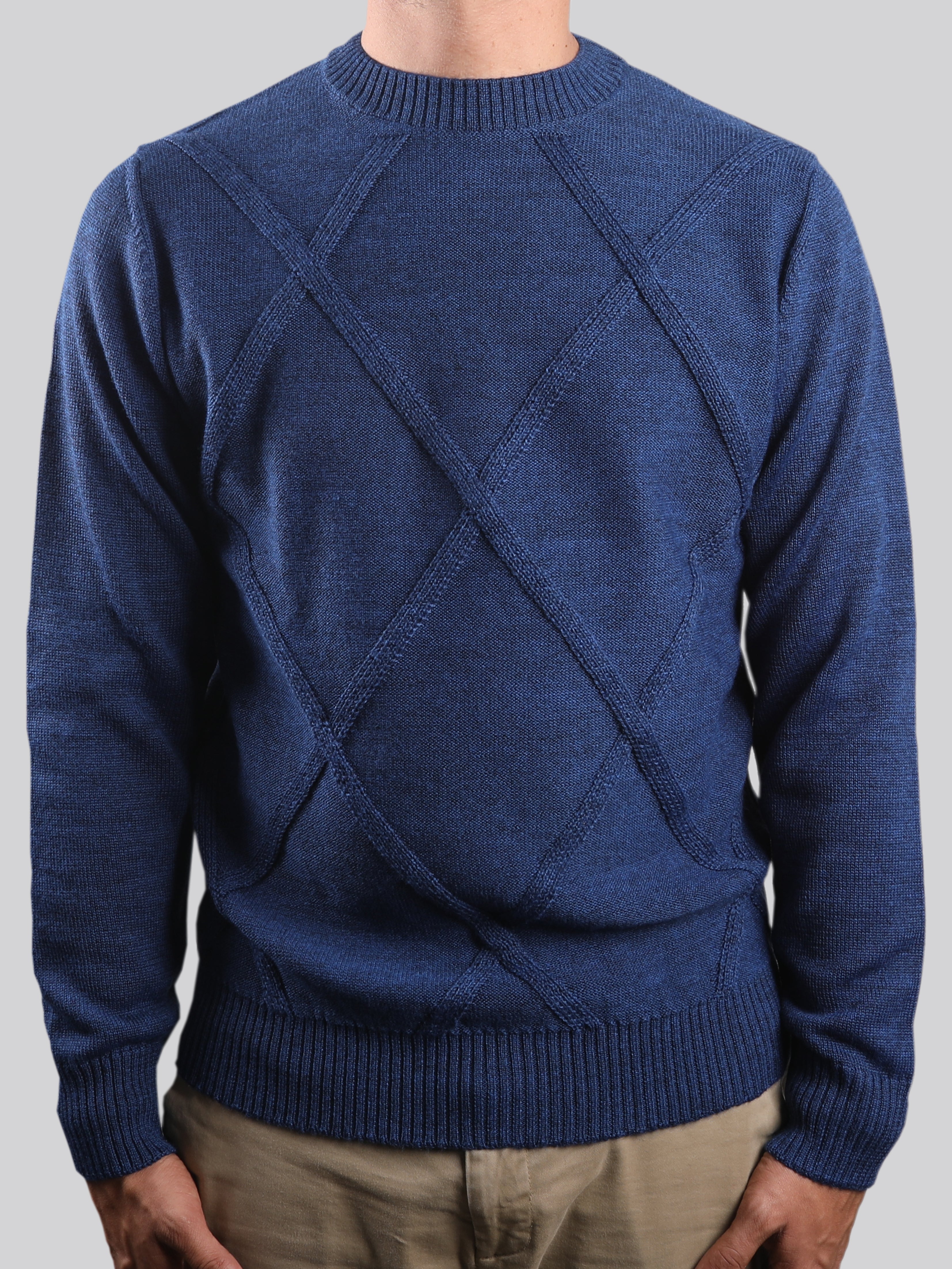 Maglione Girocollo Rombo Blu Navy 100% Lana Made In Italy