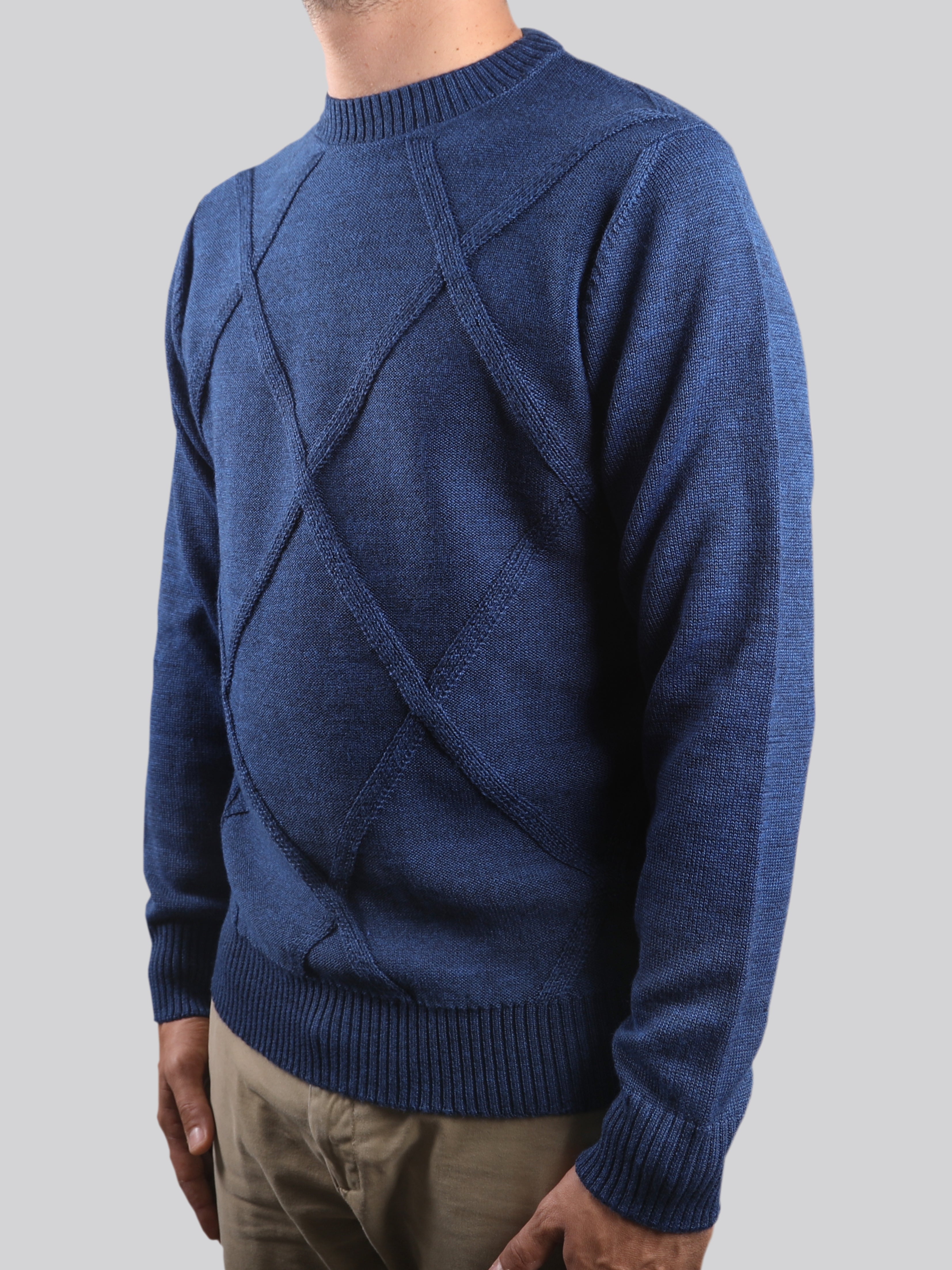 Maglione Girocollo Rombo Blu Navy 100% Lana Made In Italy