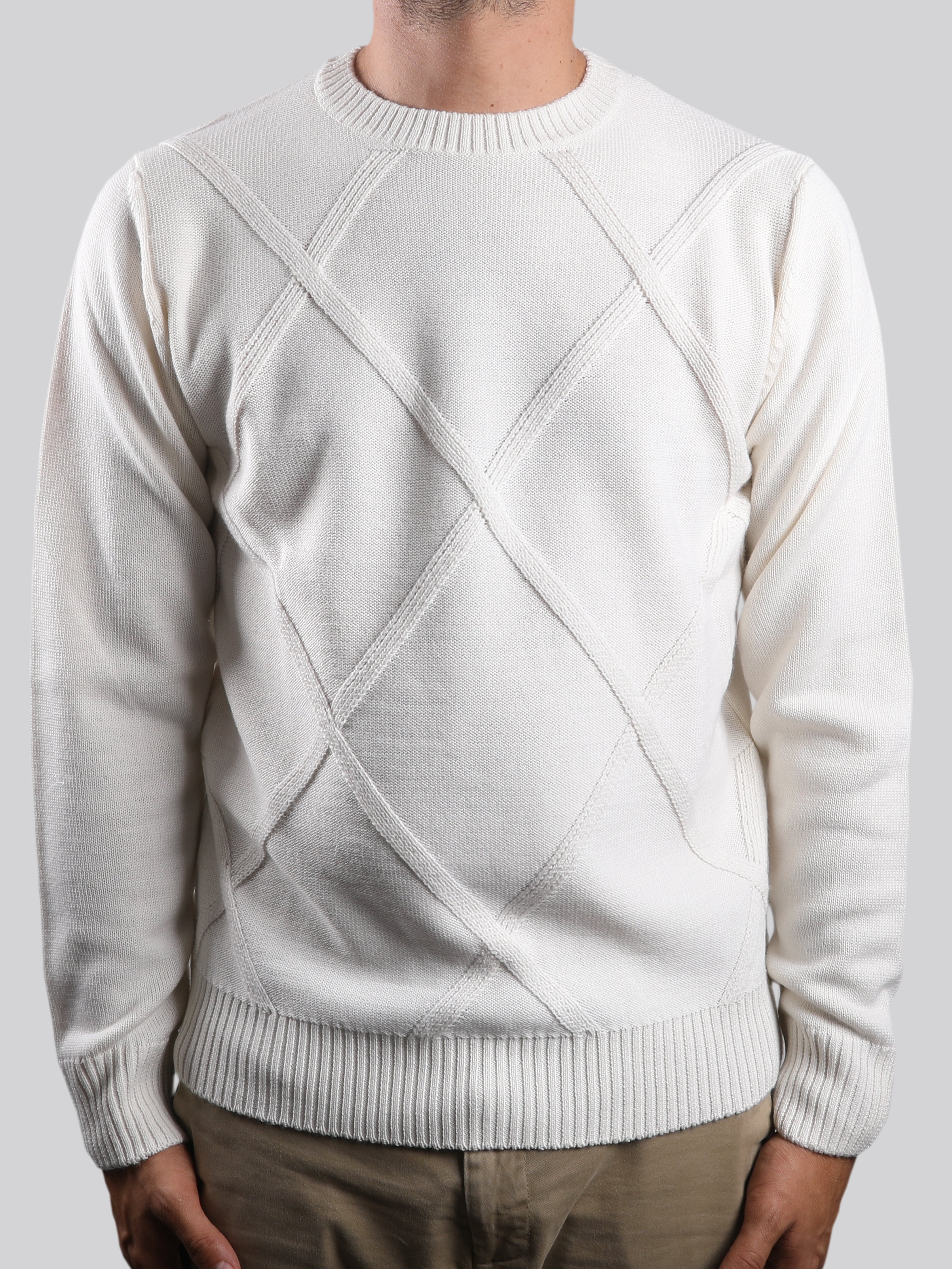 Maglione  Girocollo Rombo Panna 100% Lana Made In Italy