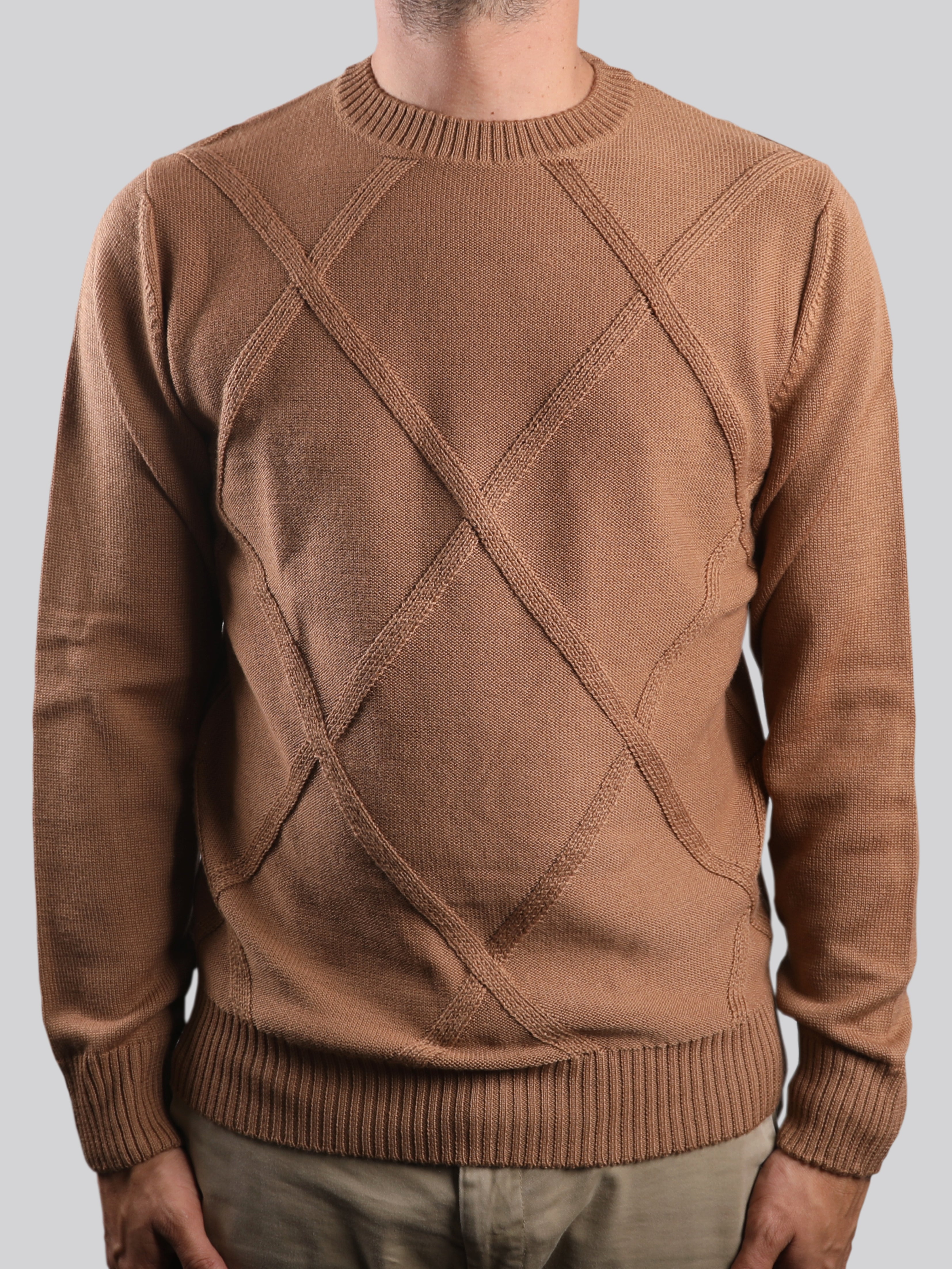 Maglione Girocollo Rombo Tabacco 100% Lana Made In Italy