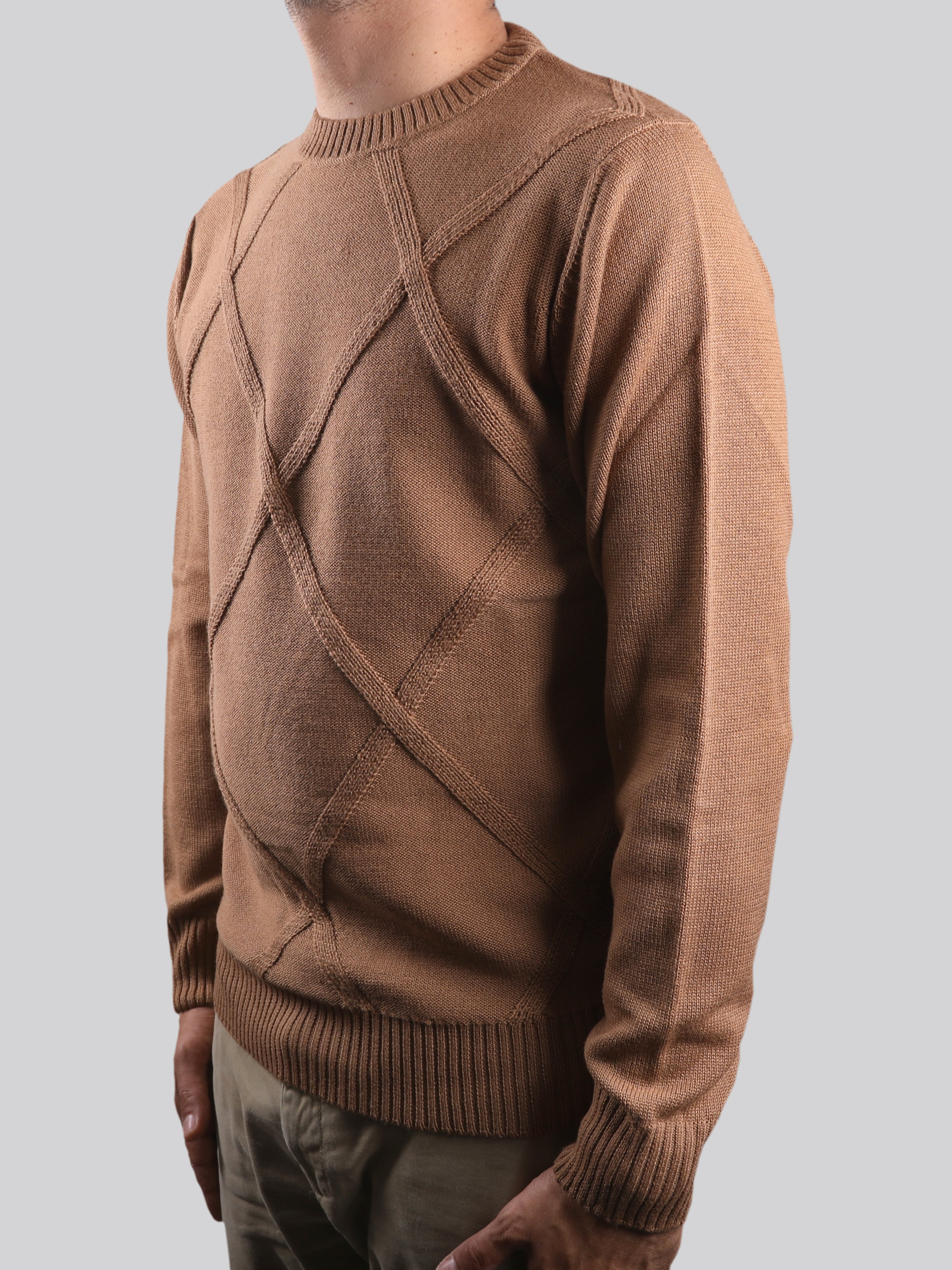 Maglione Girocollo Rombo Tabacco 100% Lana Made In Italy