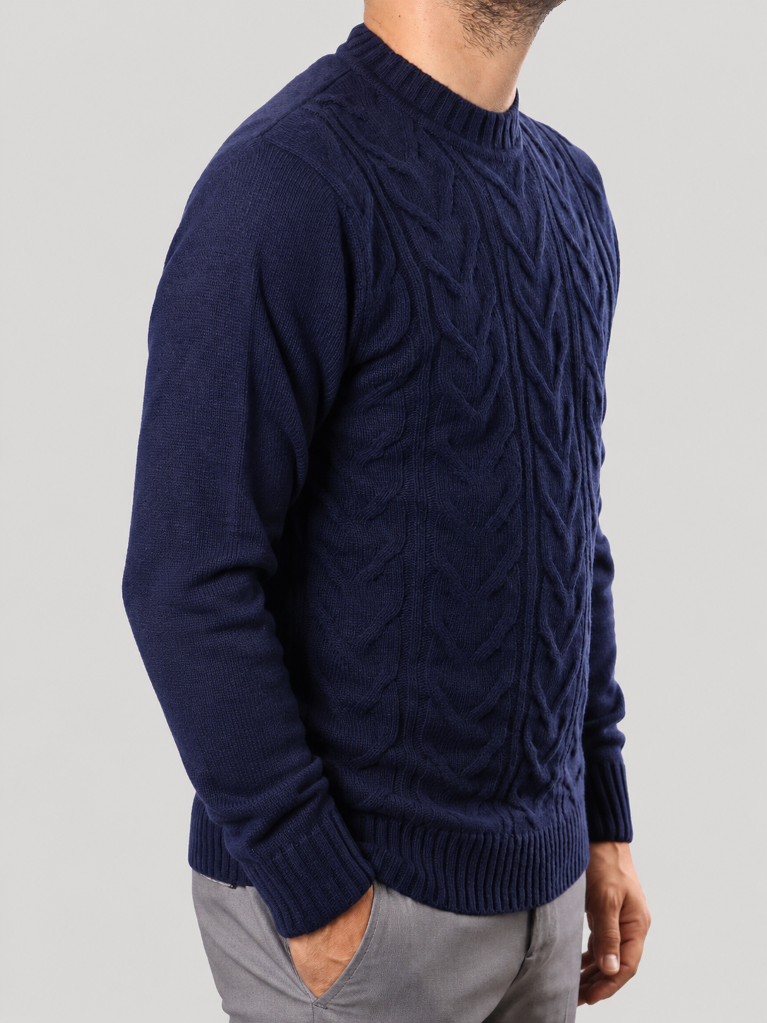 Maglione Girocollo Treccia in Lana, 100% Made in Italy Blu