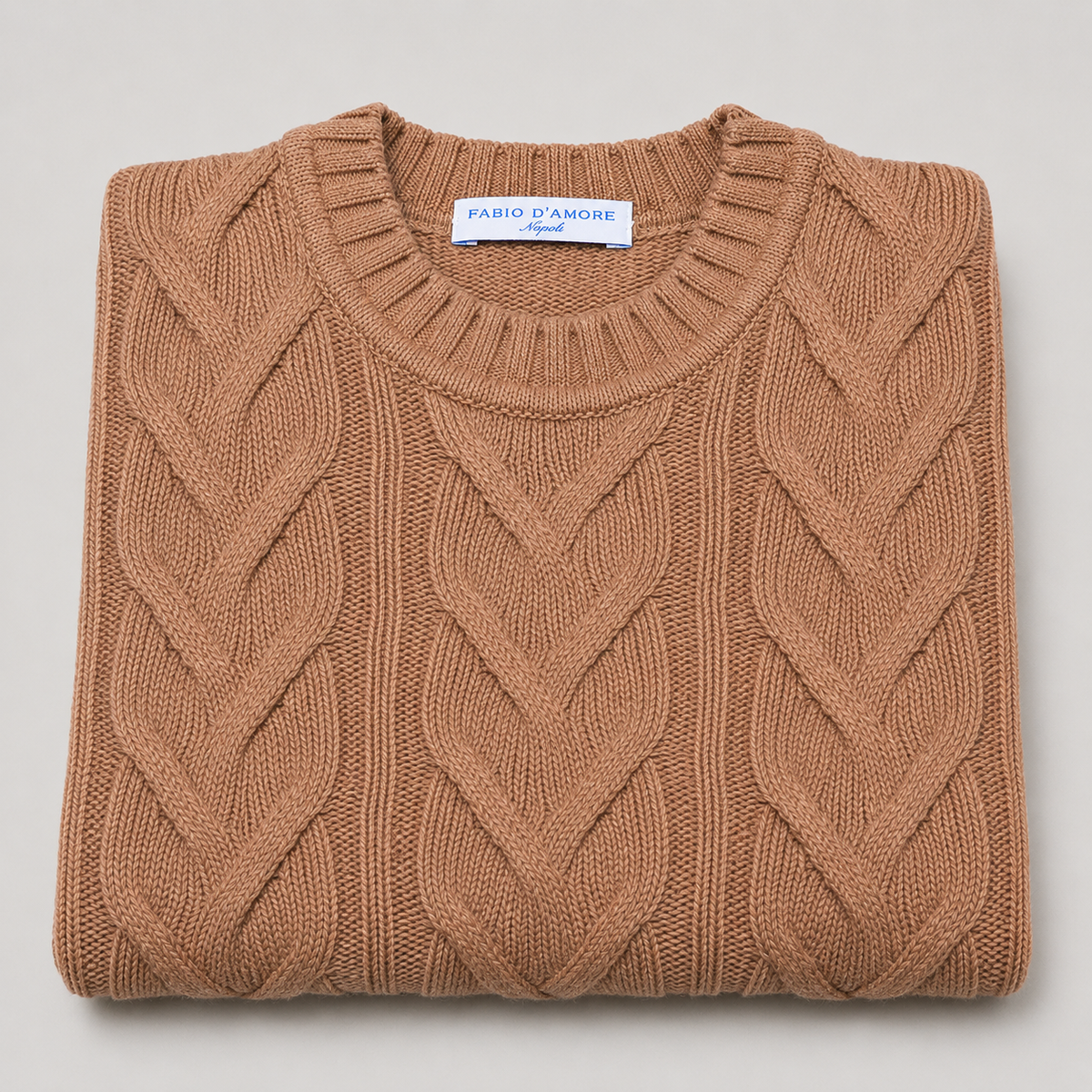 Maglione Girocollo Treccia in Lana, 100% Made in Italy Nocciola
