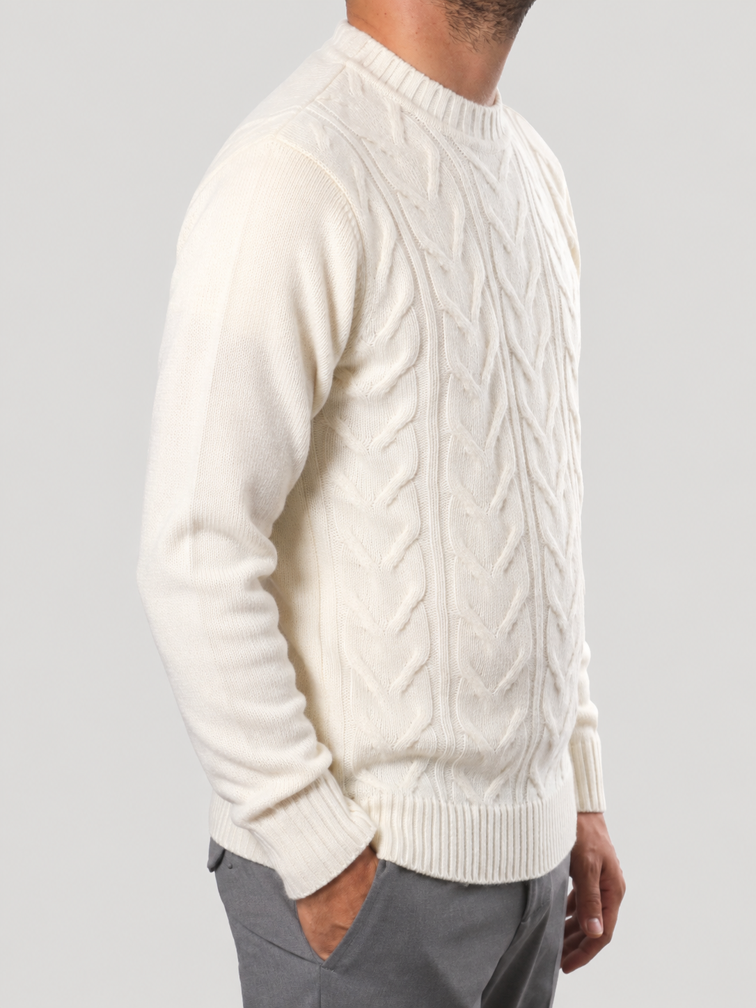 Maglione Girocollo Treccia in Lana, 100% Made in Italy Panna