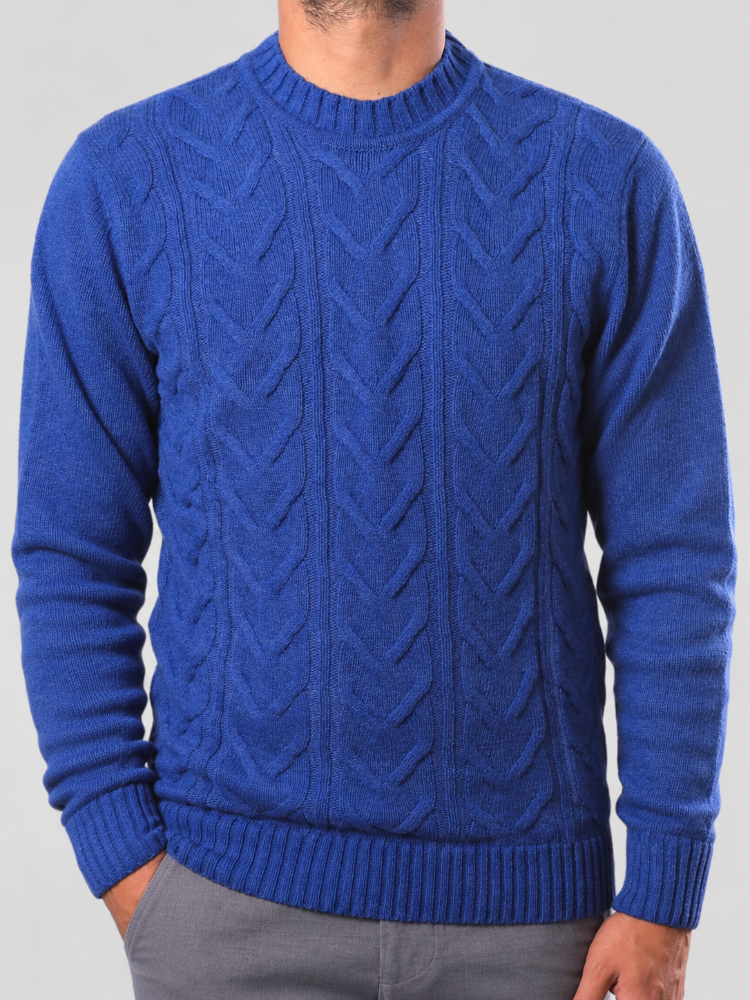 Maglione Girocollo Treccia in Lana, 100% Made in Italy Bluette