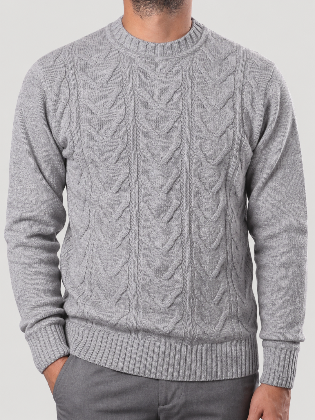 Maglione Girocollo Treccia in Lana, 100% Made in Italy Grigio