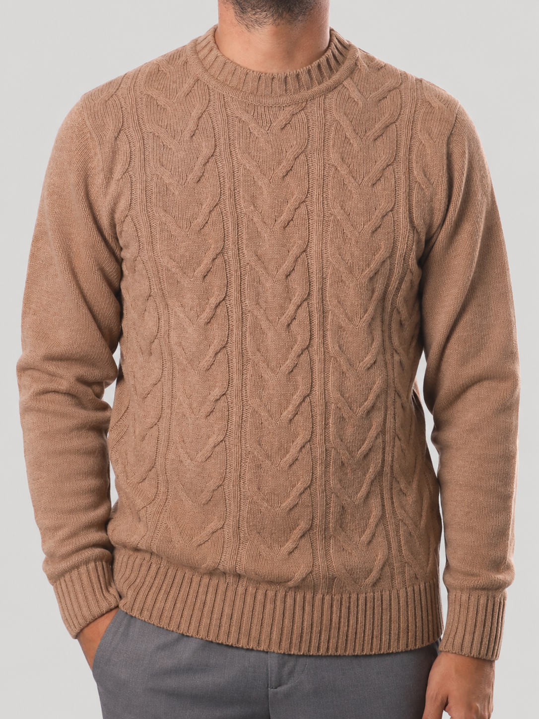 Maglione Girocollo Treccia in Lana, 100% Made in Italy Nocciola