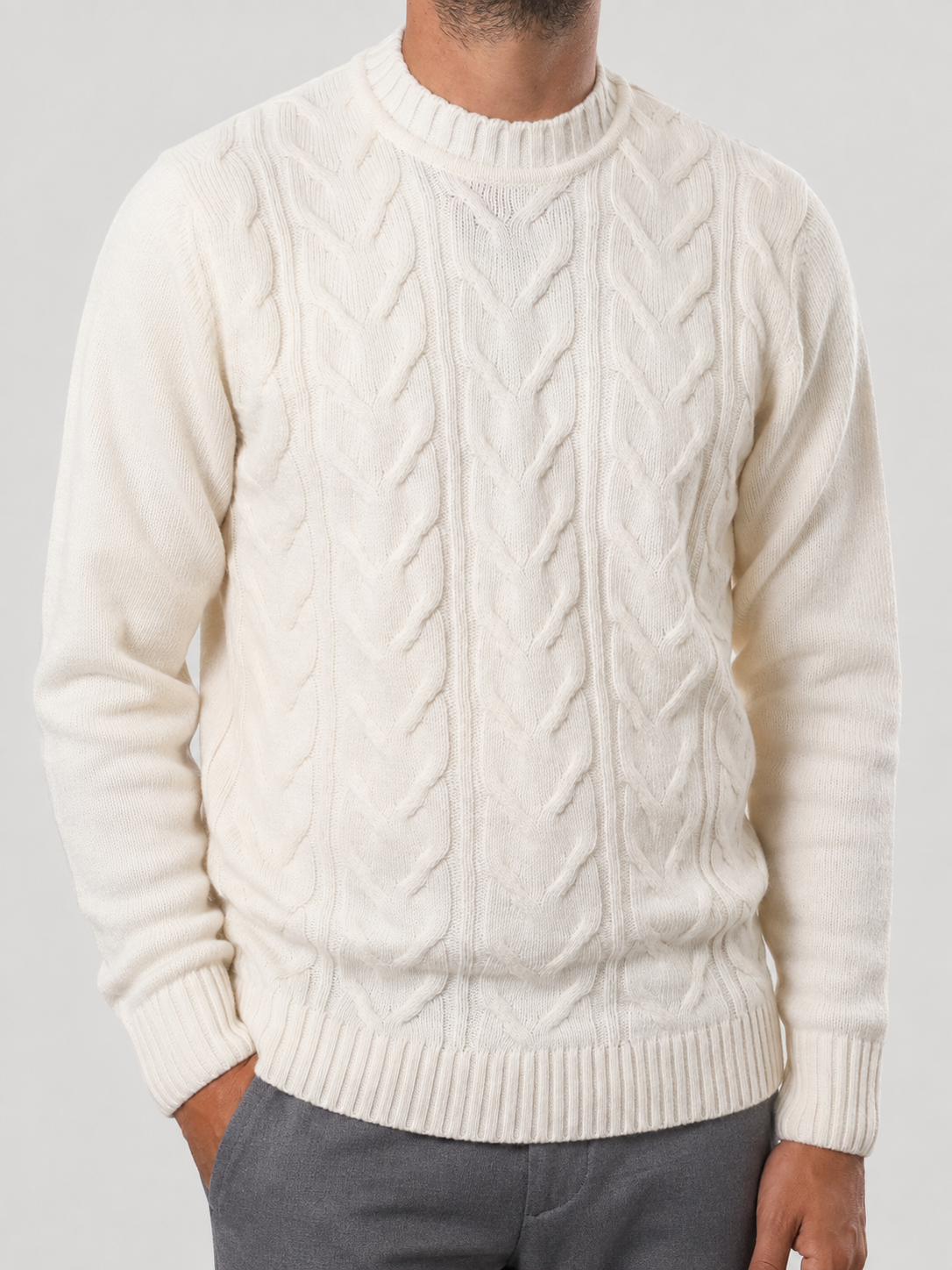 Maglione Girocollo Treccia in Lana, 100% Made in Italy Panna