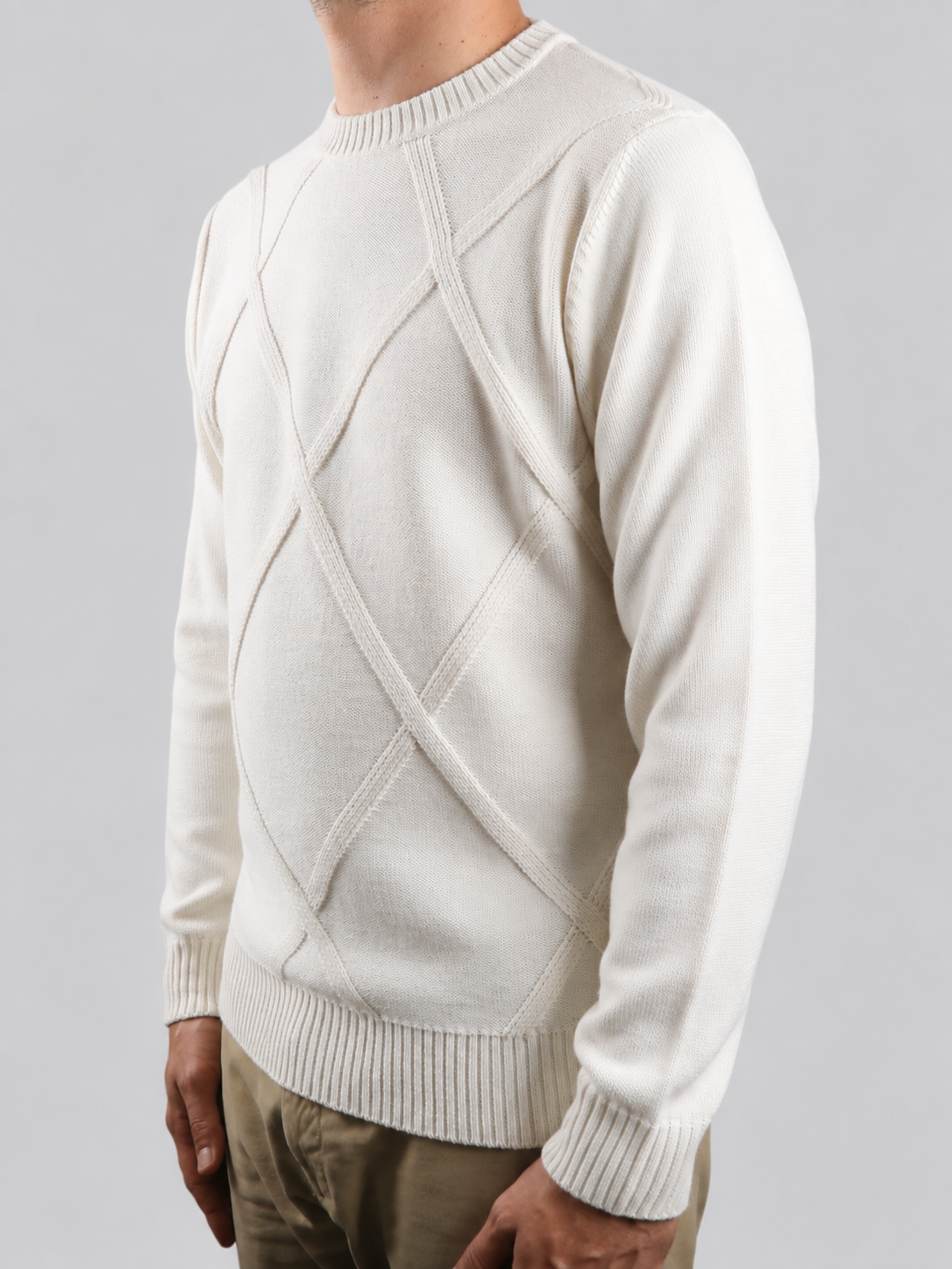 Maglione  Girocollo Rombo Panna in Lana, 100% Made In Italy