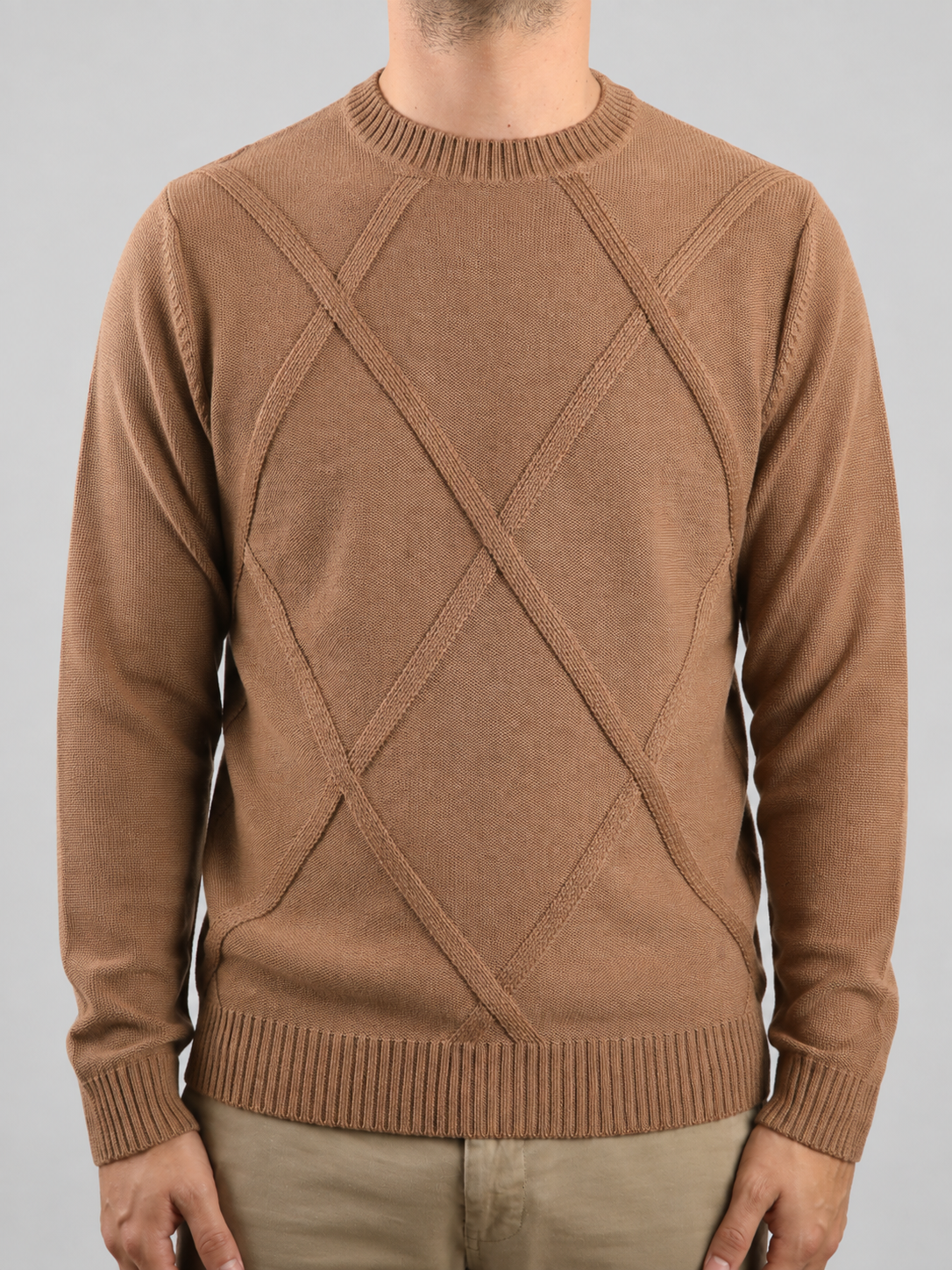 Maglione Girocollo Rombo Tabacco in Lana, 100% Made In Italy