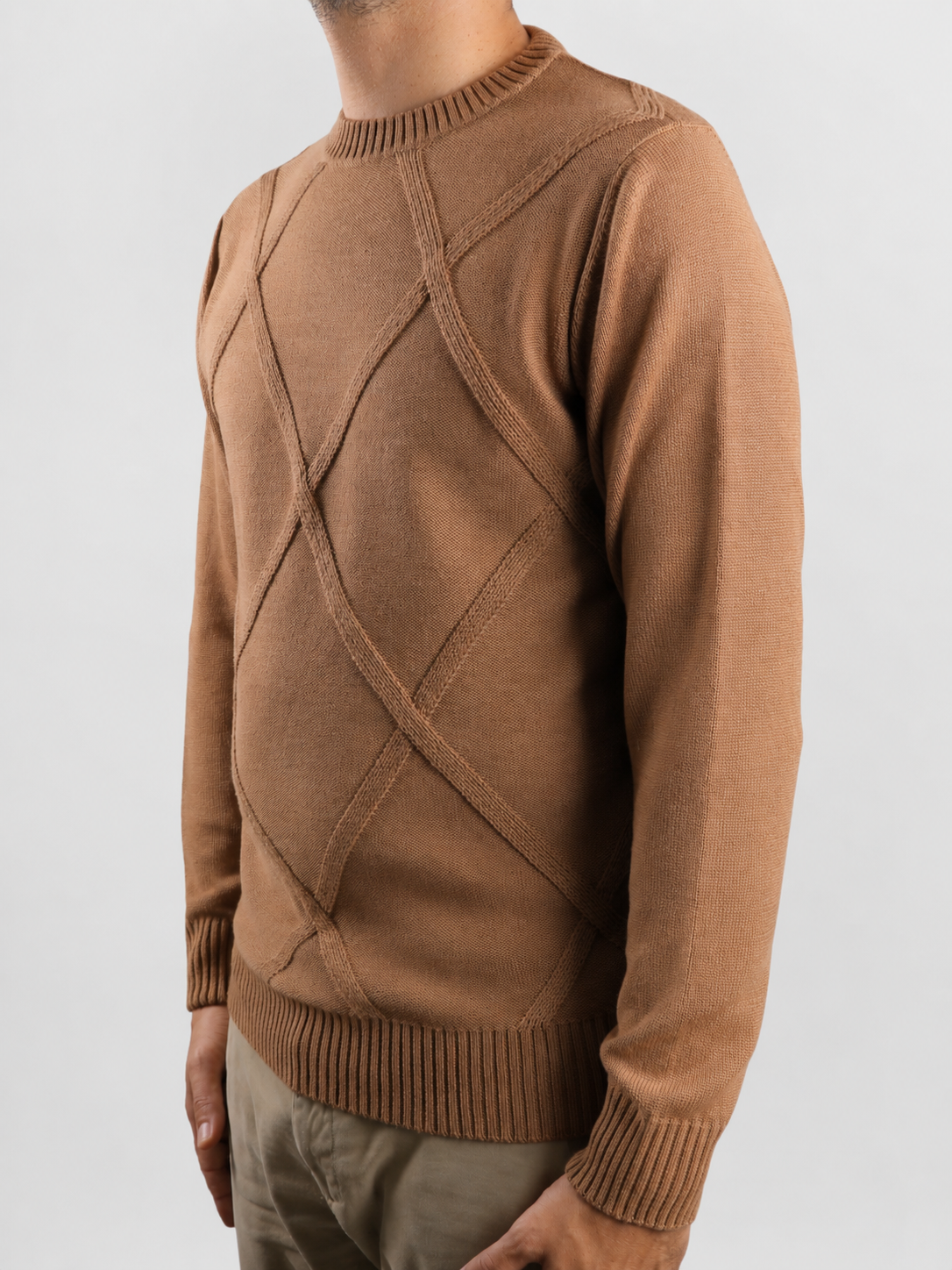 Maglione Girocollo Rombo Tabacco in Lana, 100% Made In Italy