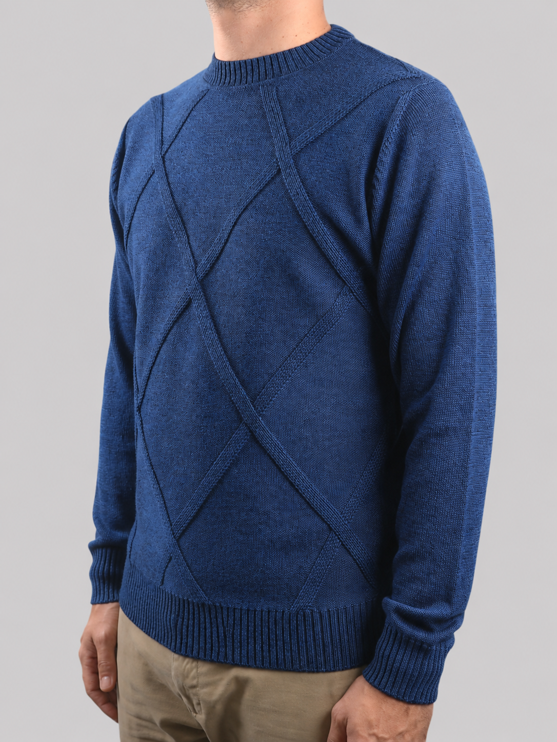 Maglione Girocollo Rombo Blu Navy in Lana, 100% Made In Italy